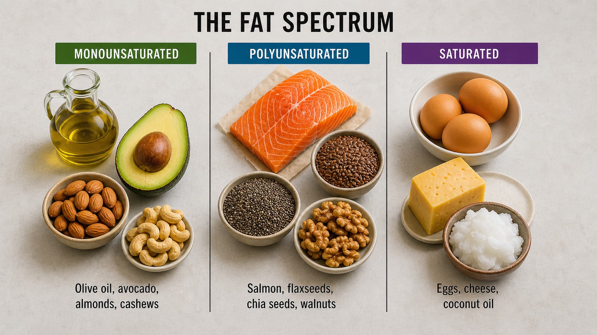 Different types of dietary fats including salmon, representing mono, poly, and saturated sources