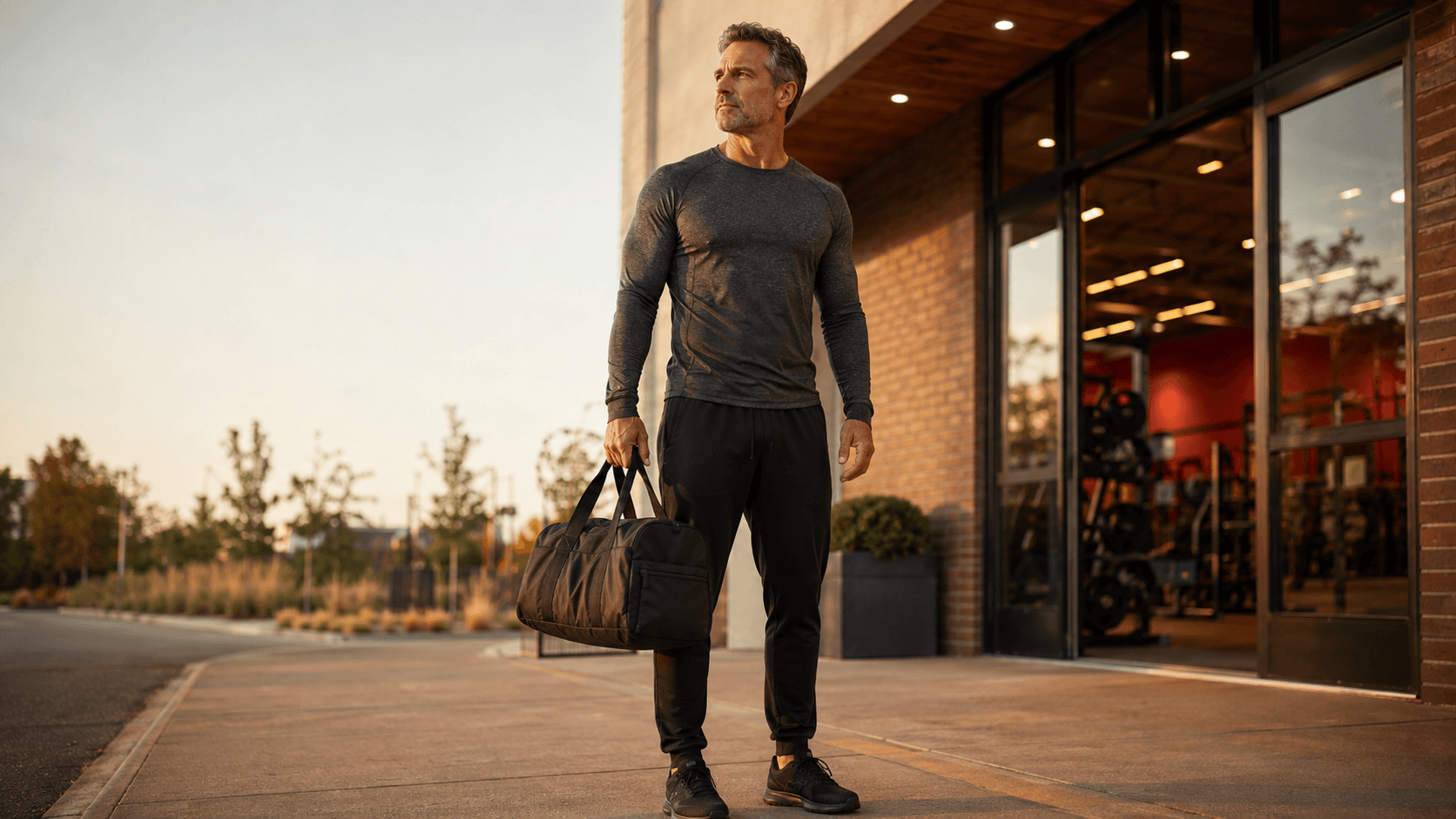 A lean, fit man past 40 in athletic kit walking down a quiet street at golden hour with his gym kit bag in hand, on his way to train — embodying the central message that excuses end the moment you decide to show up