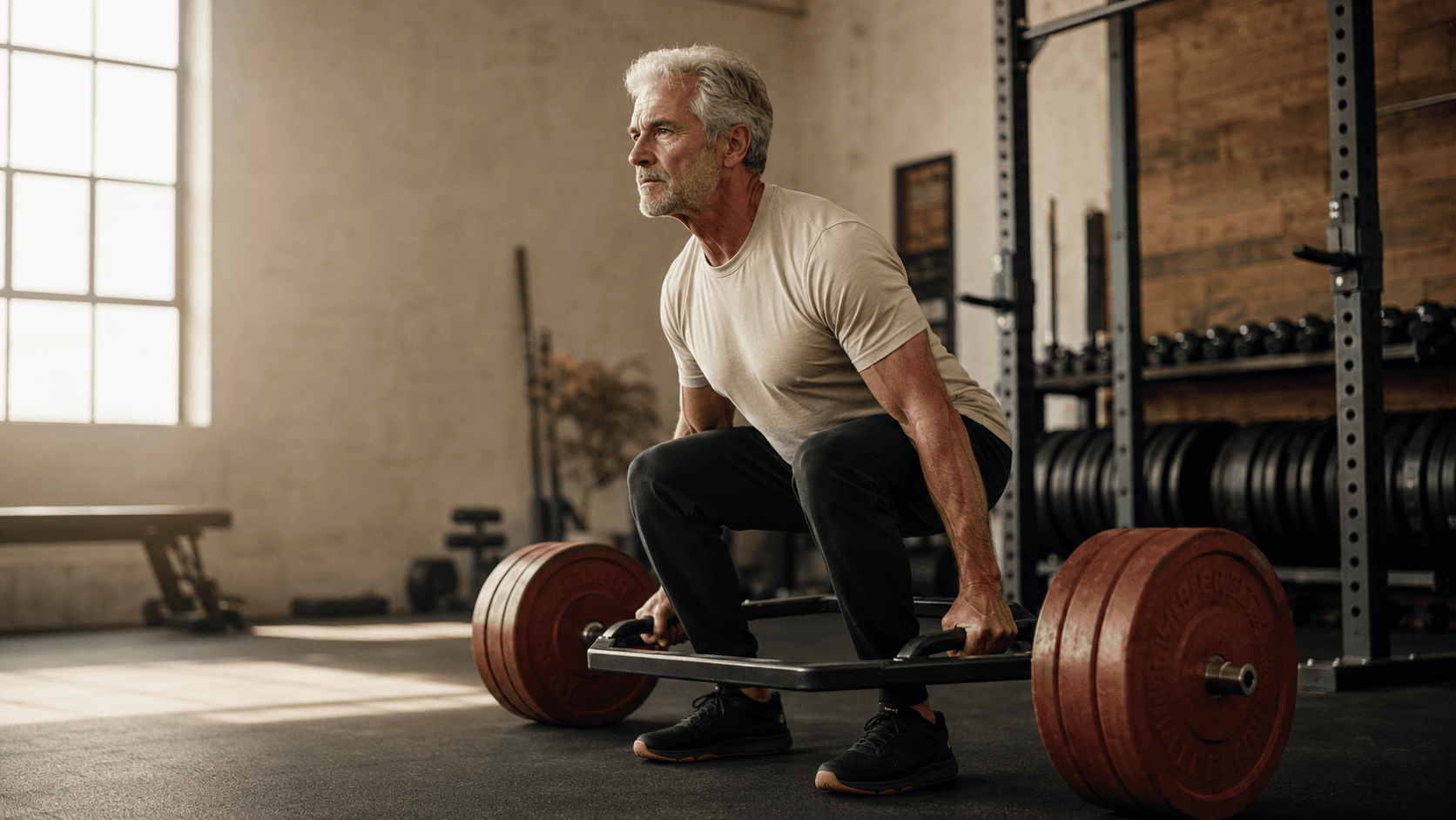 A silver-haired man in his 50s or 60s setting up over a loaded barbell for a deadlift in a sunlit industrial gym, illustrating that progressive resistance training produces real strength and muscle gains at any age and that the second best time to start is today