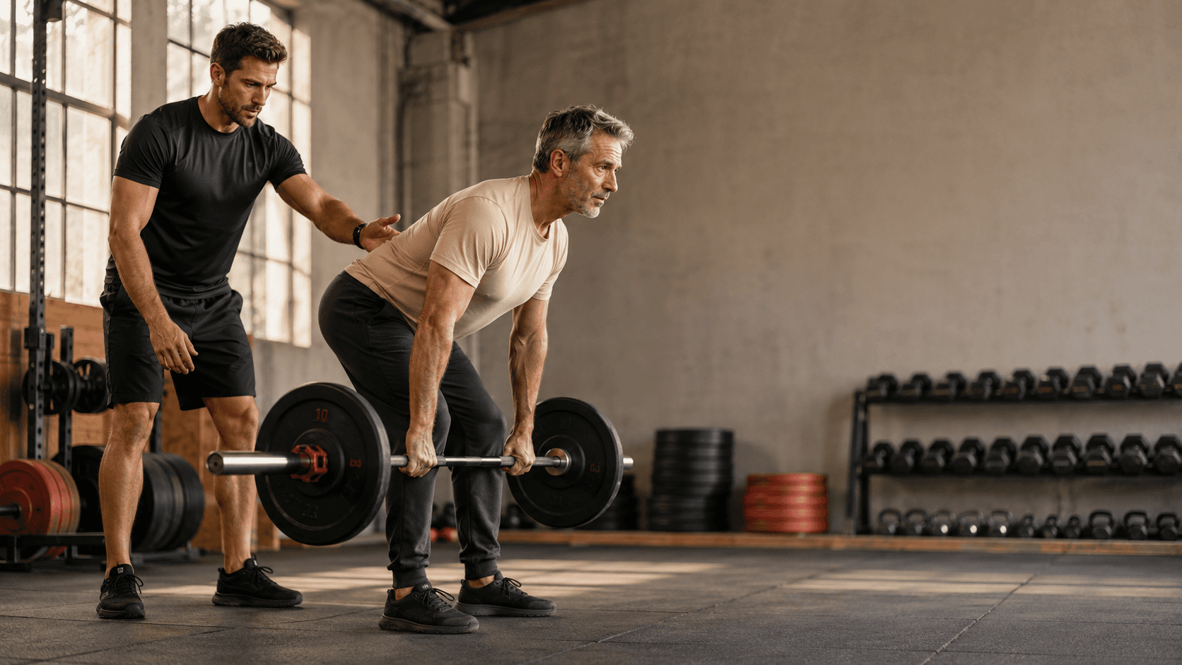 A young coach guiding a silver-haired older lifter through the setup of a barbell deadlift in a quiet, dumbbell-lined gym, illustrating that the way past 'I do not know what I am doing' is investing in a few sessions with a qualified coach to build the fundamentals and the confidence to train independently