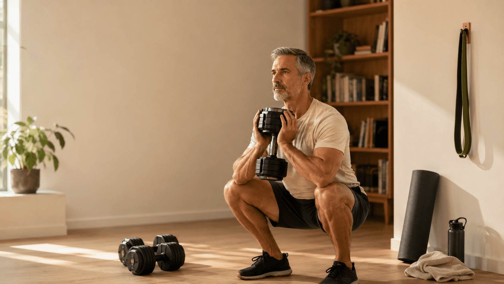 A silver-haired man training at home in a sunlit living room — performing a goblet squat with a single dumbbell next to a pair of dumbbells, a rolled yoga mat and a water bottle, illustrating that bodyweight, a basic gym membership or a small set of home dumbbells make structured exercise one of the cheapest health interventions available