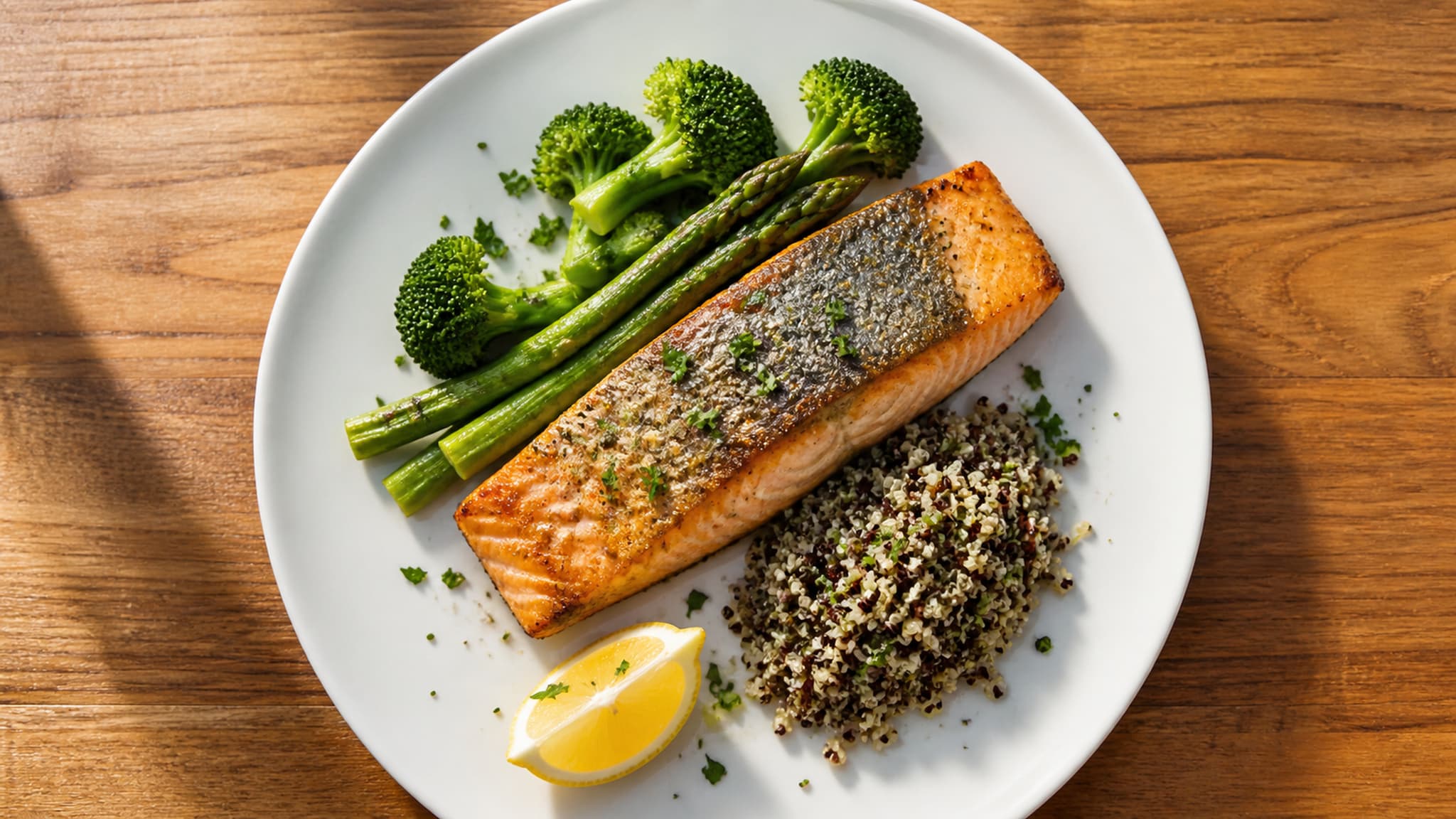 Balanced plate with grilled fish and vegetables representing high-protein nutrition for fat loss