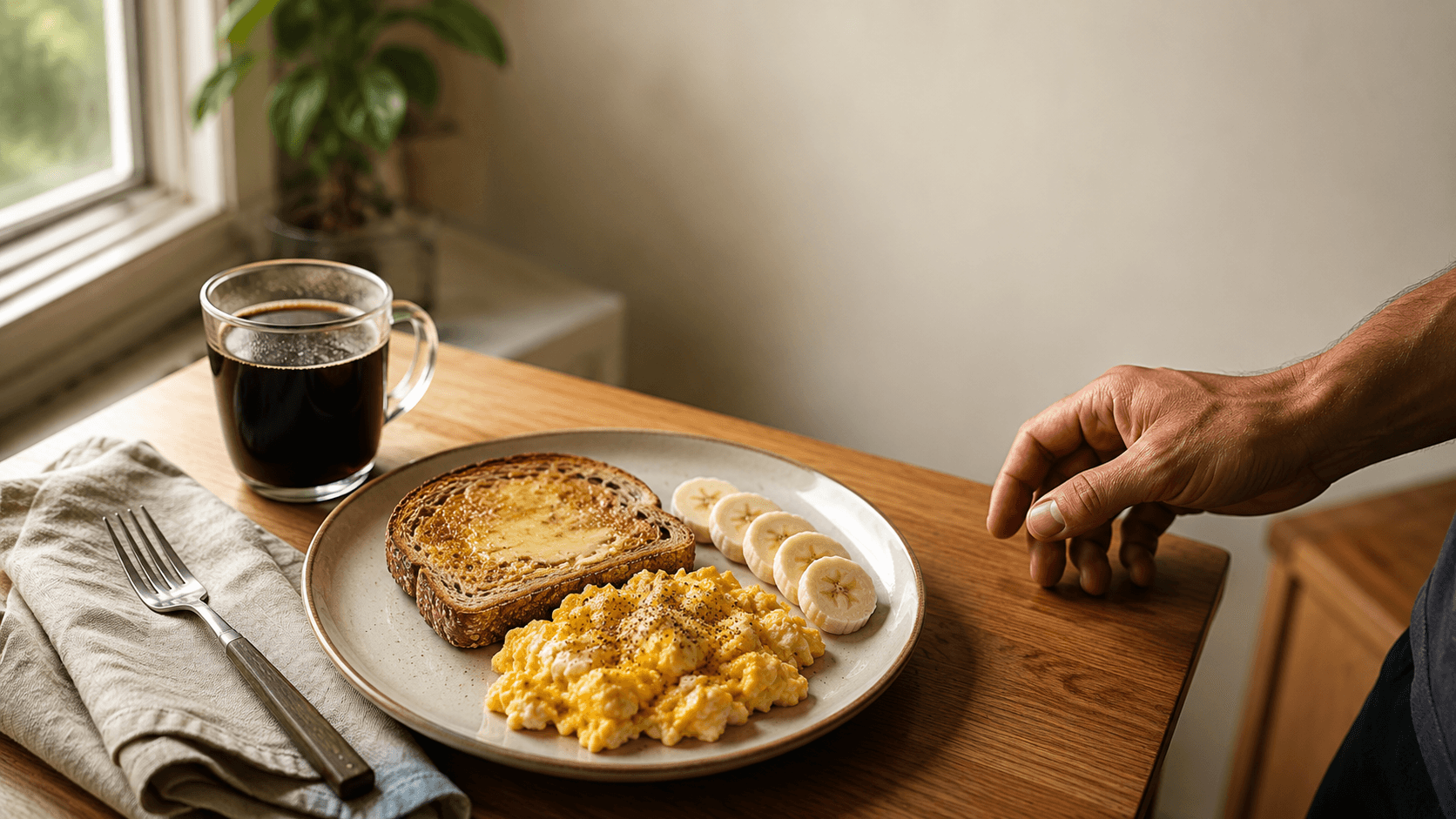 A simple pre-cardio breakfast plated on a kitchen table — scrambled eggs, buttered toast, sliced banana and a black coffee — illustrating the kind of light, balanced meal recommended for those who prefer to eat before training