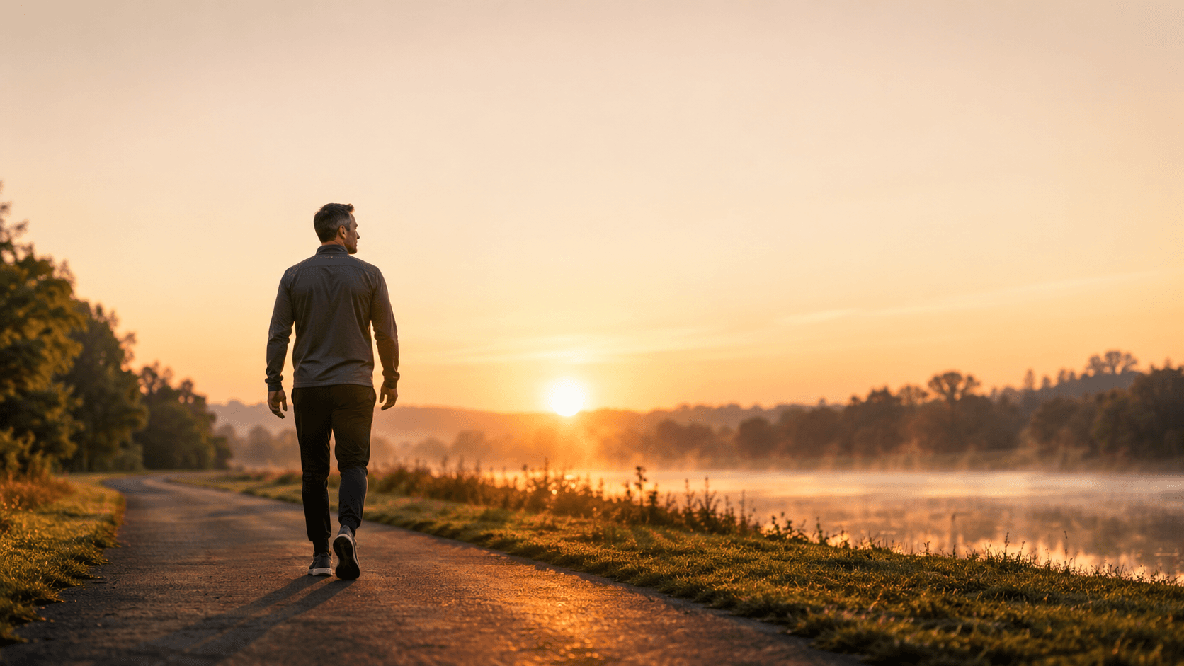 A man walking alone at sunrise along a misty lakeside path, illustrating the indirect benefits of fasted morning cardio — natural light exposure, headspace, a calmer start to the day, and an improved sleep cycle