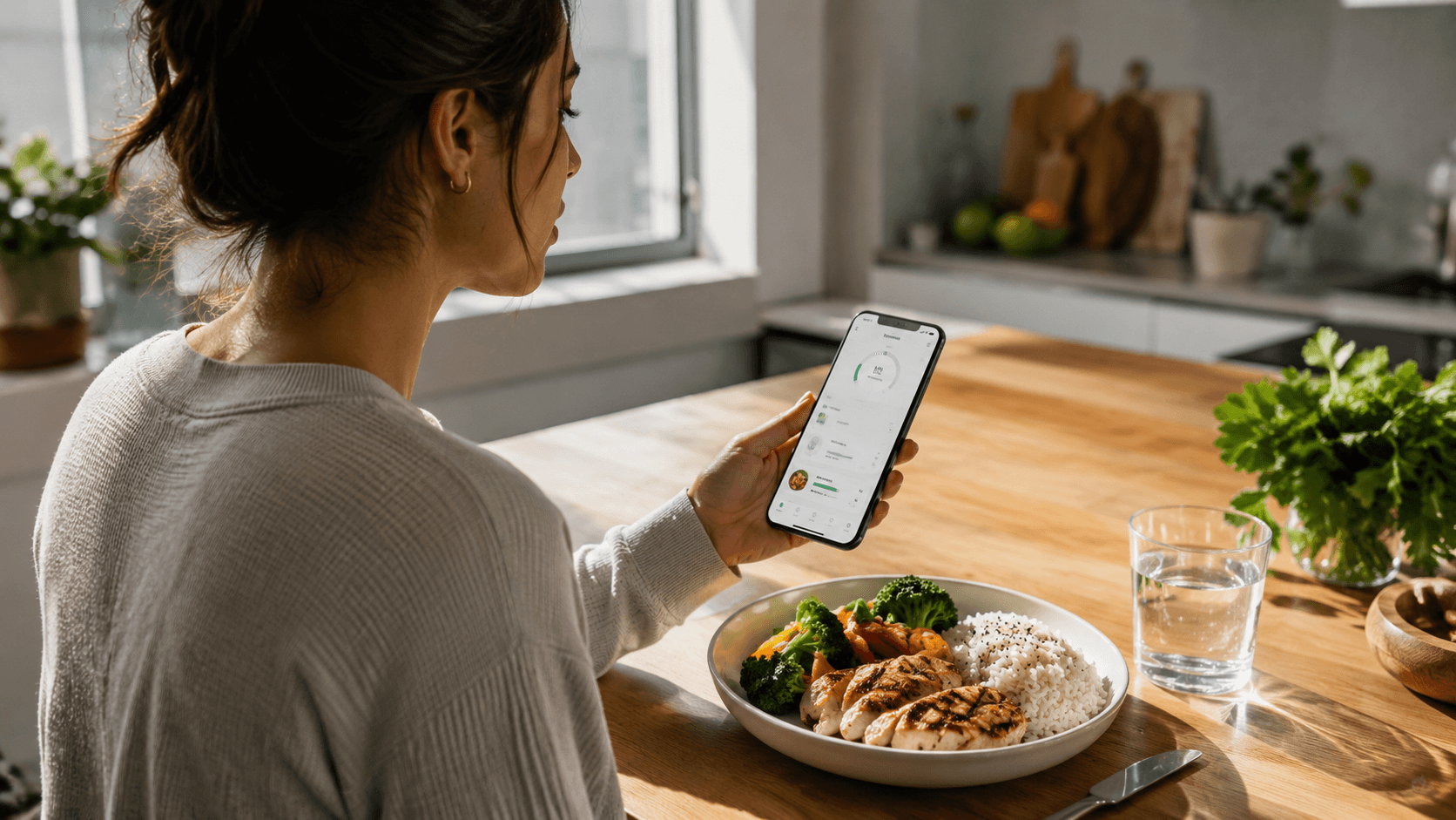 Person logging food in a calorie tracking app on their phone next to a balanced meal, illustrating how adherence to the calorie deficit drives fat loss results