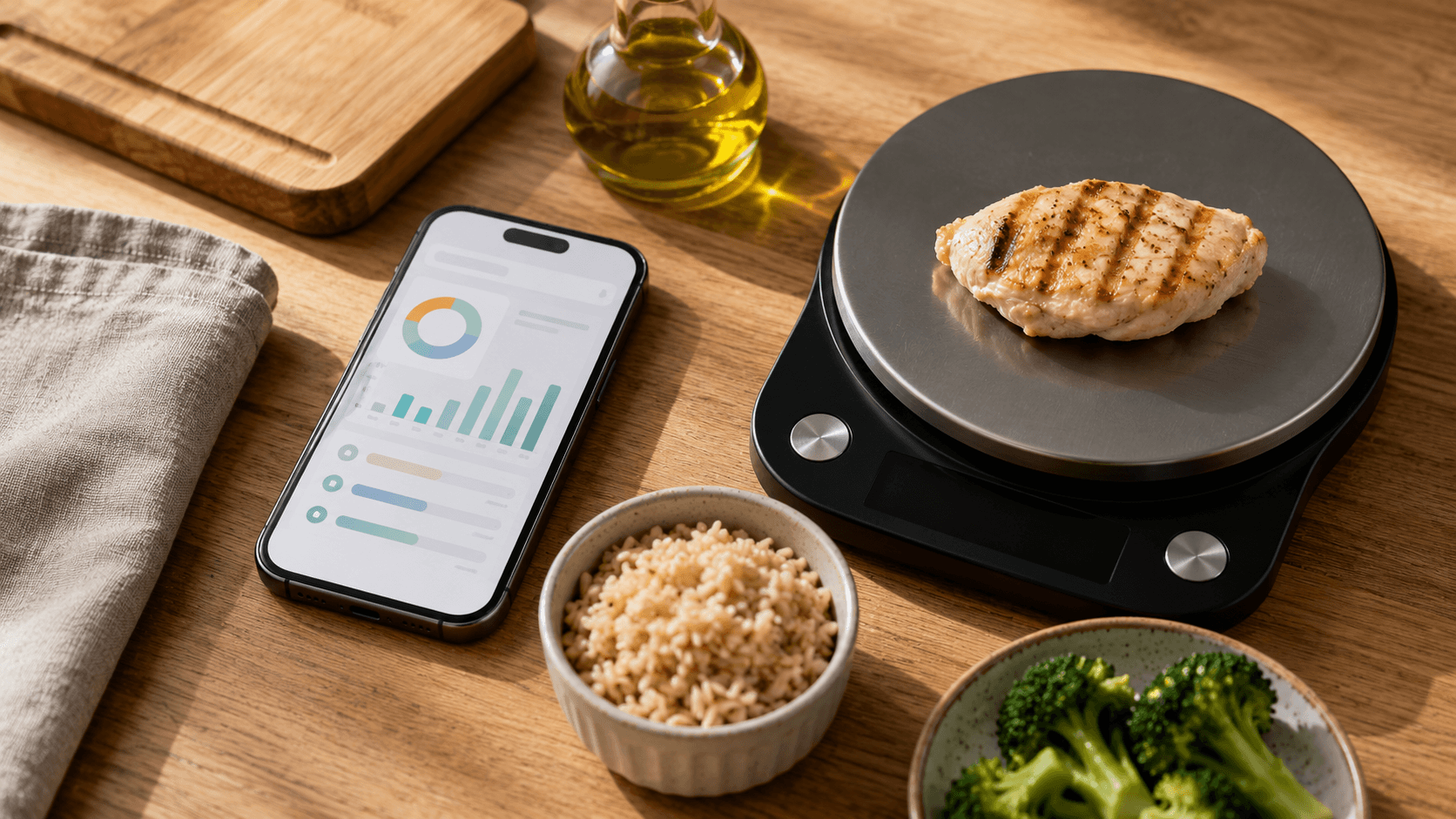 Close-up of a food tracking app on a phone screen beside a healthy prepared meal and kitchen weighing scales, showing how self-monitoring closes the gap between perception and reality