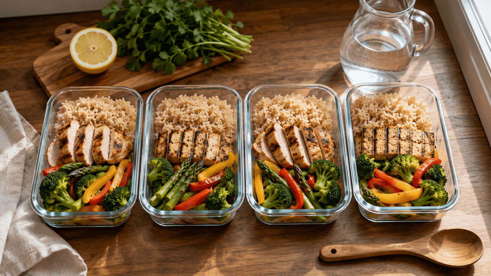 Organised meal prep containers with balanced portions of protein, carbohydrates, and vegetables prepared for the week ahead, removing the need for in-the-moment food decisions