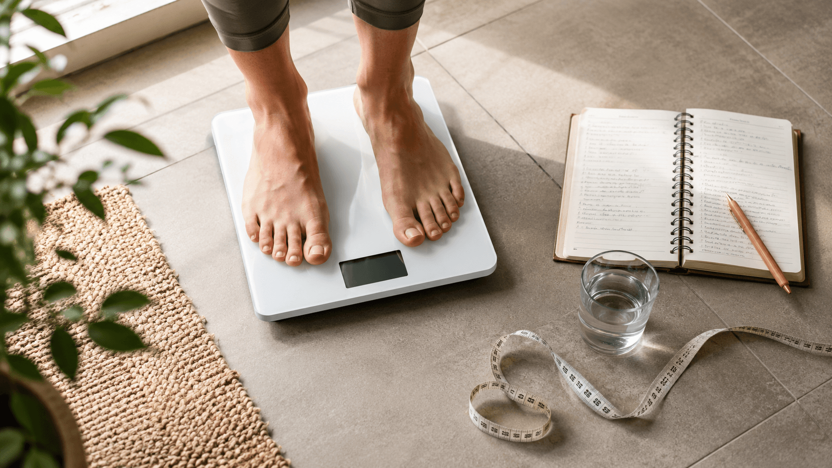 Person standing on a bathroom scale with a food diary and tape measure nearby, representing the radical honesty and self-assessment that genuine fat loss accountability demands
