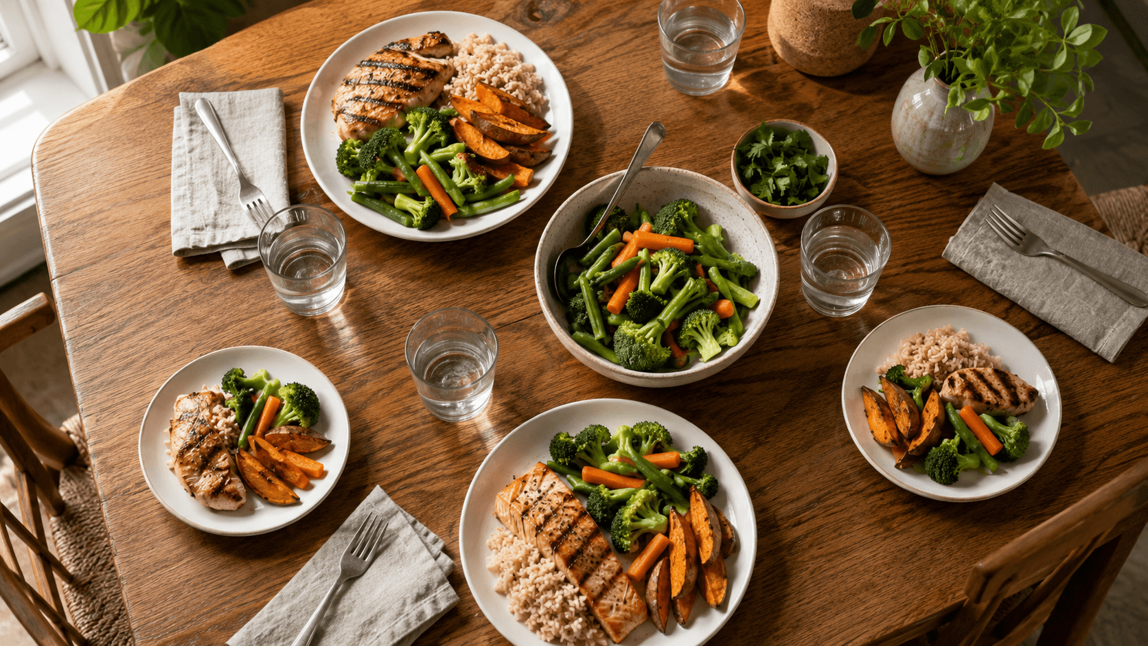 A family dinner table with balanced, high-protein meals that work for the whole family