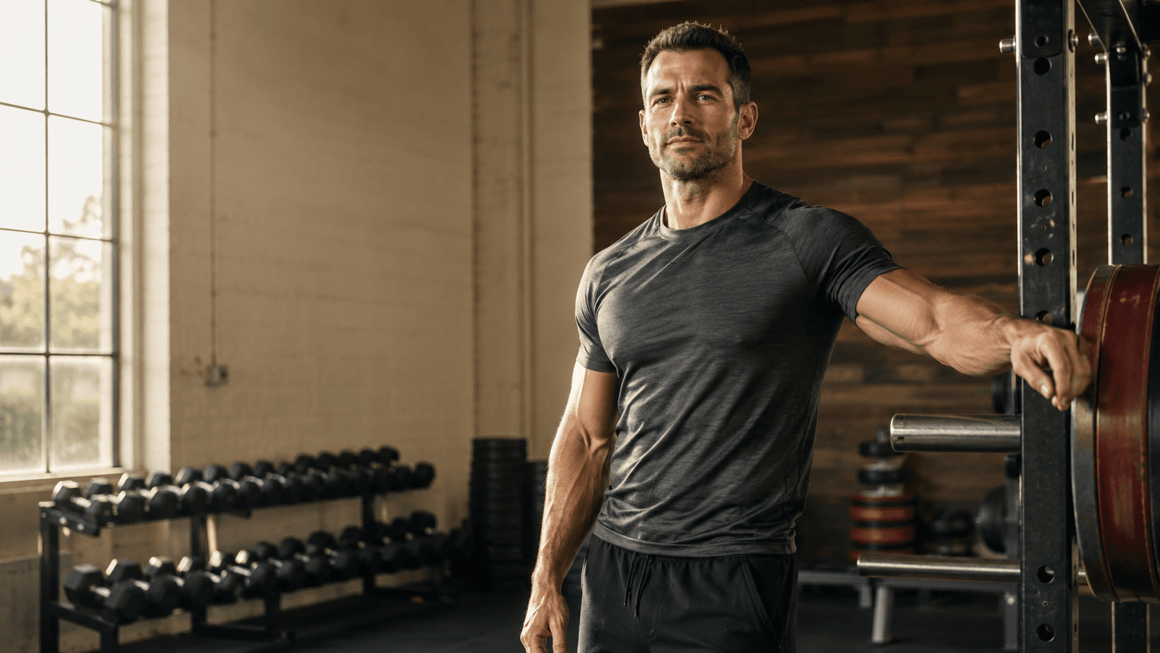 A lean, muscular man standing in a sunlit gym next to a squat rack and dumbbell rack, embodying the evidence-based, fundamentals-first approach to fat loss that the article unpacks against the industry's most persistent myths