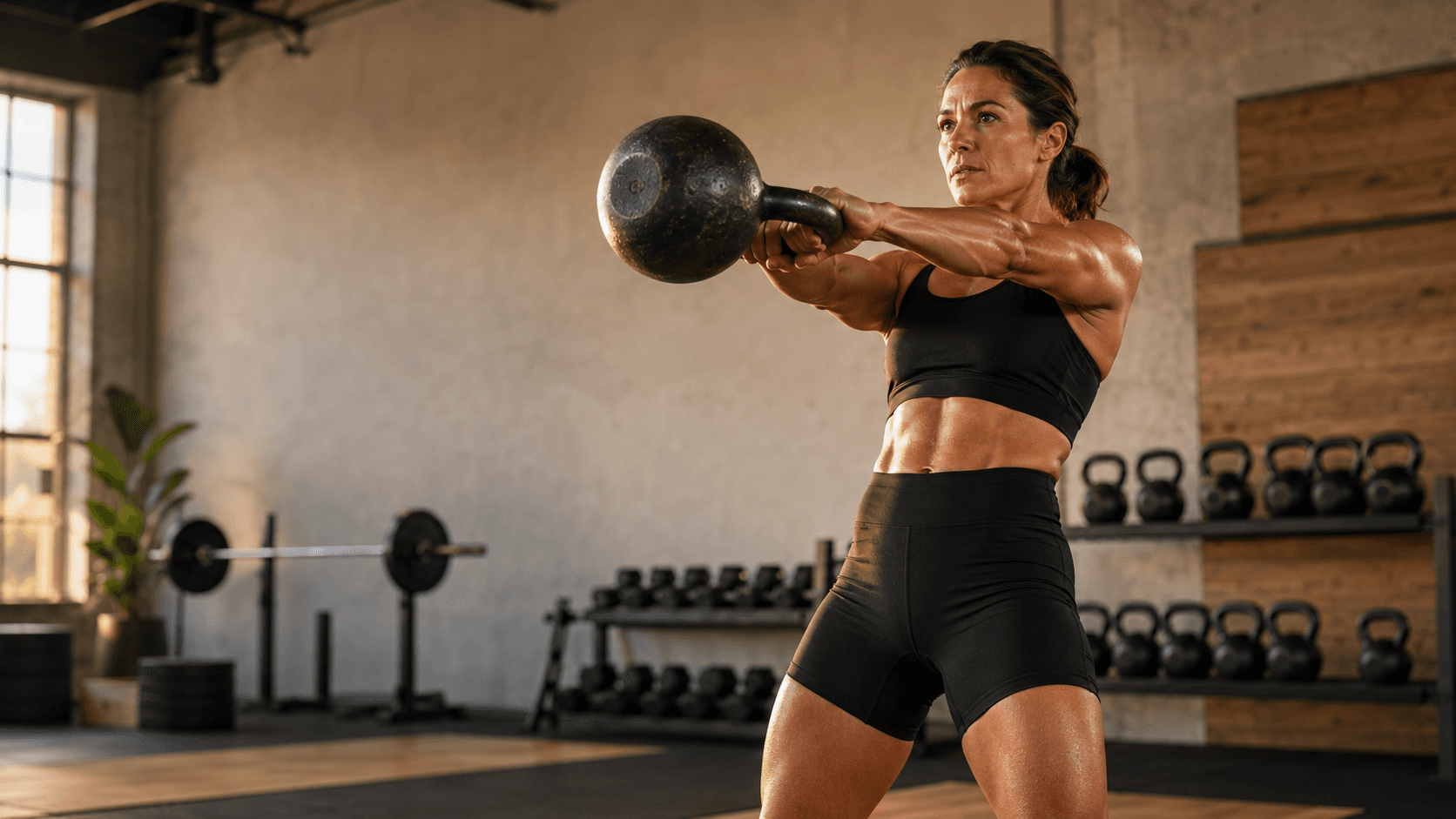 A strong, lean woman in her 30s or 40s training with weights in a well-lit gym, embodying the article's thesis that female fat loss requires a framework built around resistance training, adequate protein, a modest sustainable deficit, and the hormonal reality of the menstrual cycle rather than aggressive restriction