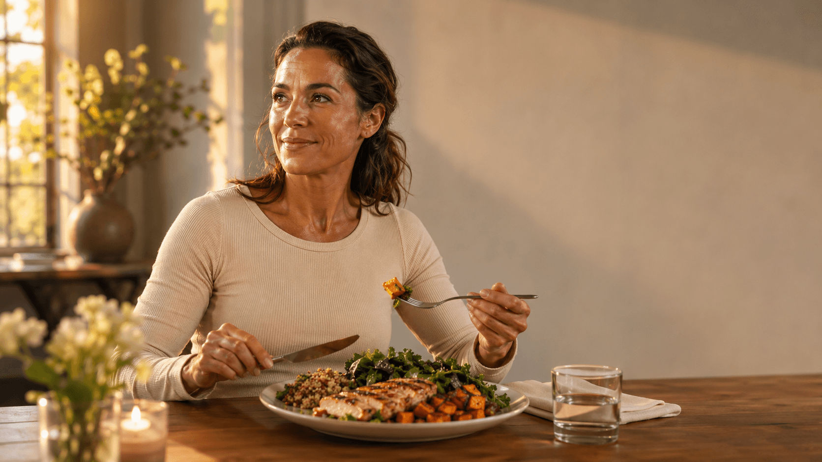 A woman eating a substantial protein-rich meal in a calm domestic setting, illustrating the counterintuitive reality that escaping the undereating trap and rebuilding metabolic rate requires eating more, not less, before sustainable fat loss can resume