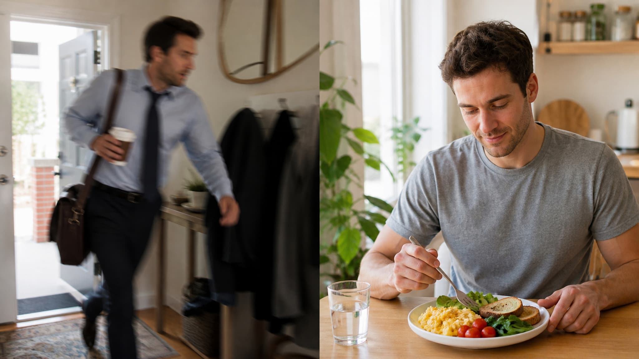 A morning kitchen scene with coffee, representing the choice between rushing out and eating intentionally