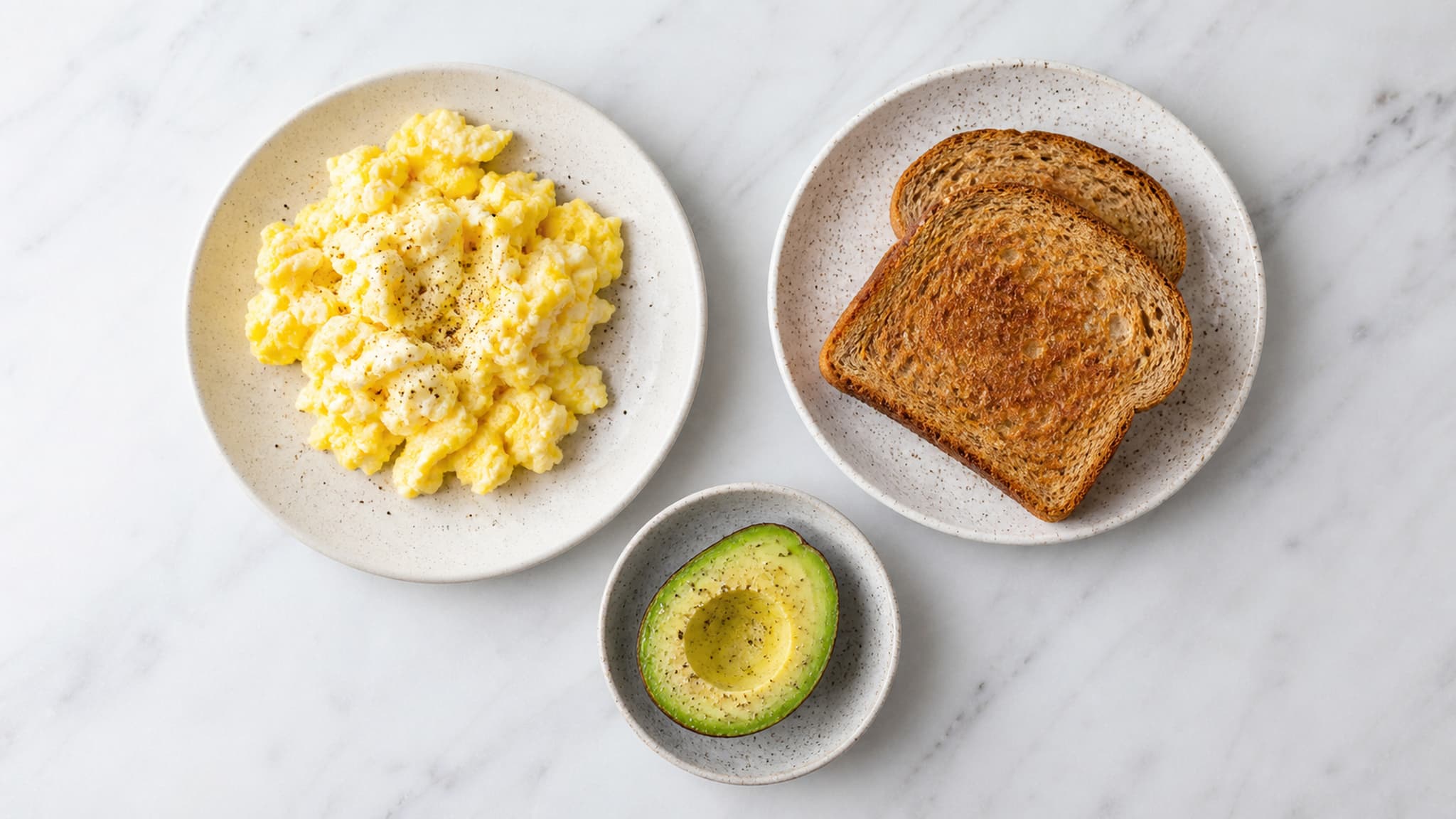 Breakfast components showing protein, carbohydrate, and healthy fat sources separately