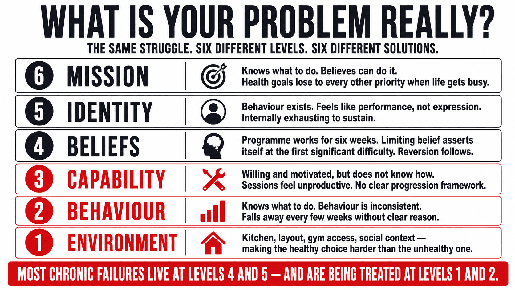 A detailed breakdown of what problems look like at each of the six neurological levels — from environment friction at level one to absent mission clarity at level six