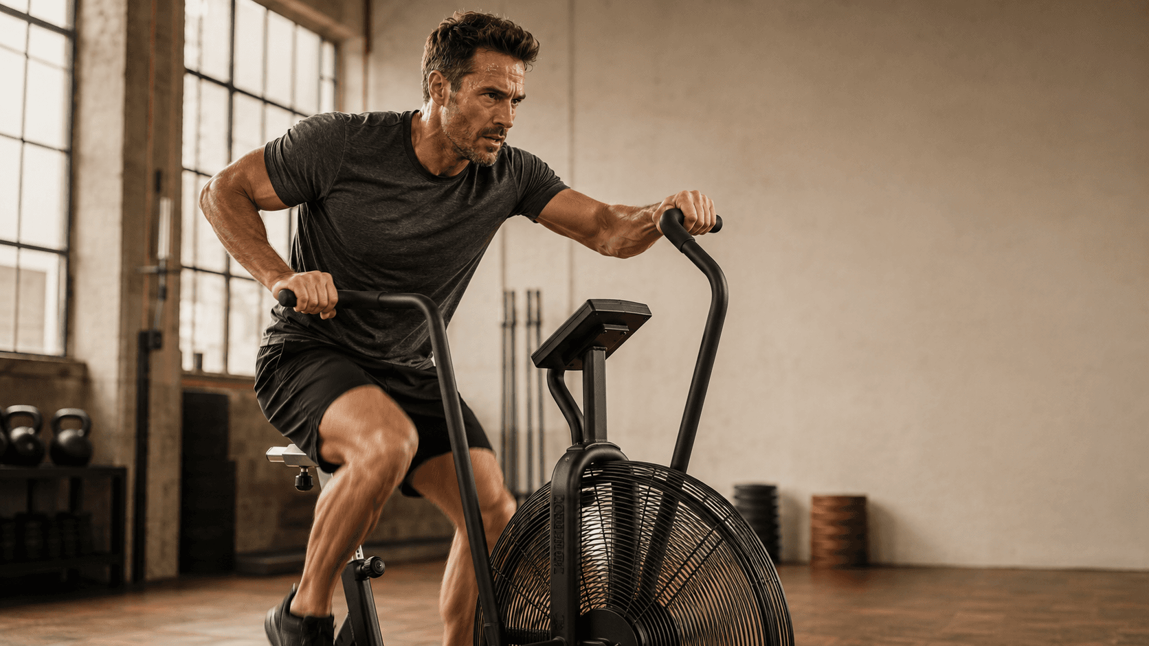 Man training on an assault bike at high intensity, demonstrating the fan bike HIIT protocol described in the article