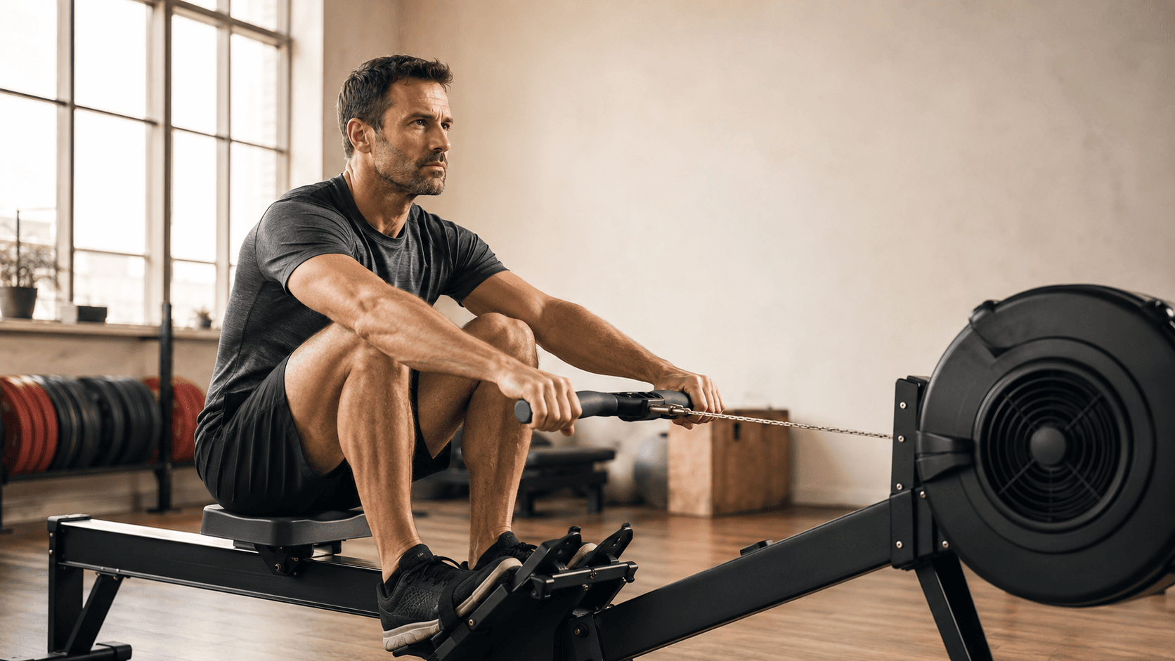 Athlete performing rowing machine intervals with powerful leg drive, demonstrating the full-body cardio alternative to treadmill running