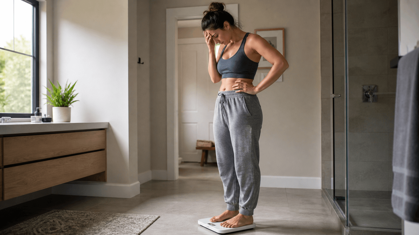 A person standing on a bathroom scale with a frustrated expression, representing stalled fat loss caused by poor gut health and disrupted serotonin production