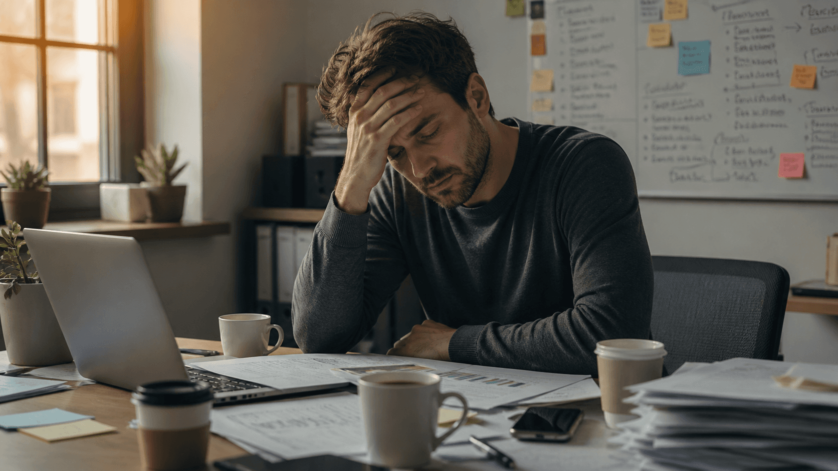 A person working at a desk under chronic stress, illustrating the vicious cycle where psychological stress damages the gut lining and a disrupted gut amplifies stress and anxiety