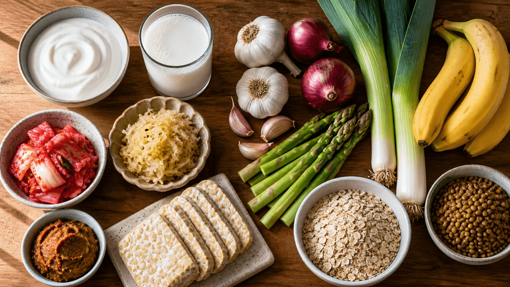 A colourful overhead still life of gut-friendly foods including fermented vegetables, prebiotic-rich onions and garlic, legumes, and whole grains supporting microbiome diversity