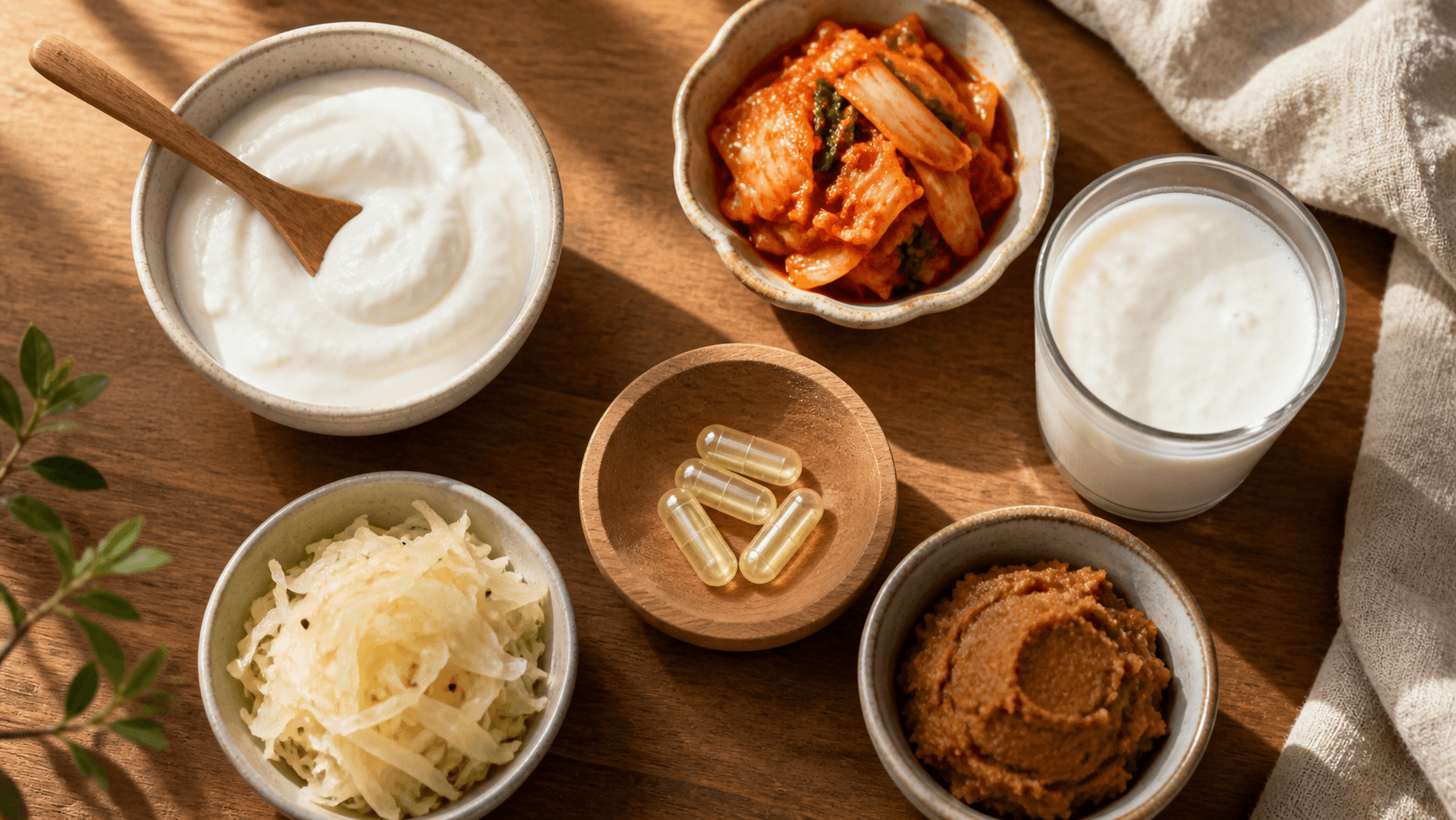 Probiotic supplement capsules alongside fermented foods including yoghurt and sauerkraut, representing targeted gut health supplementation with strain-specific probiotics