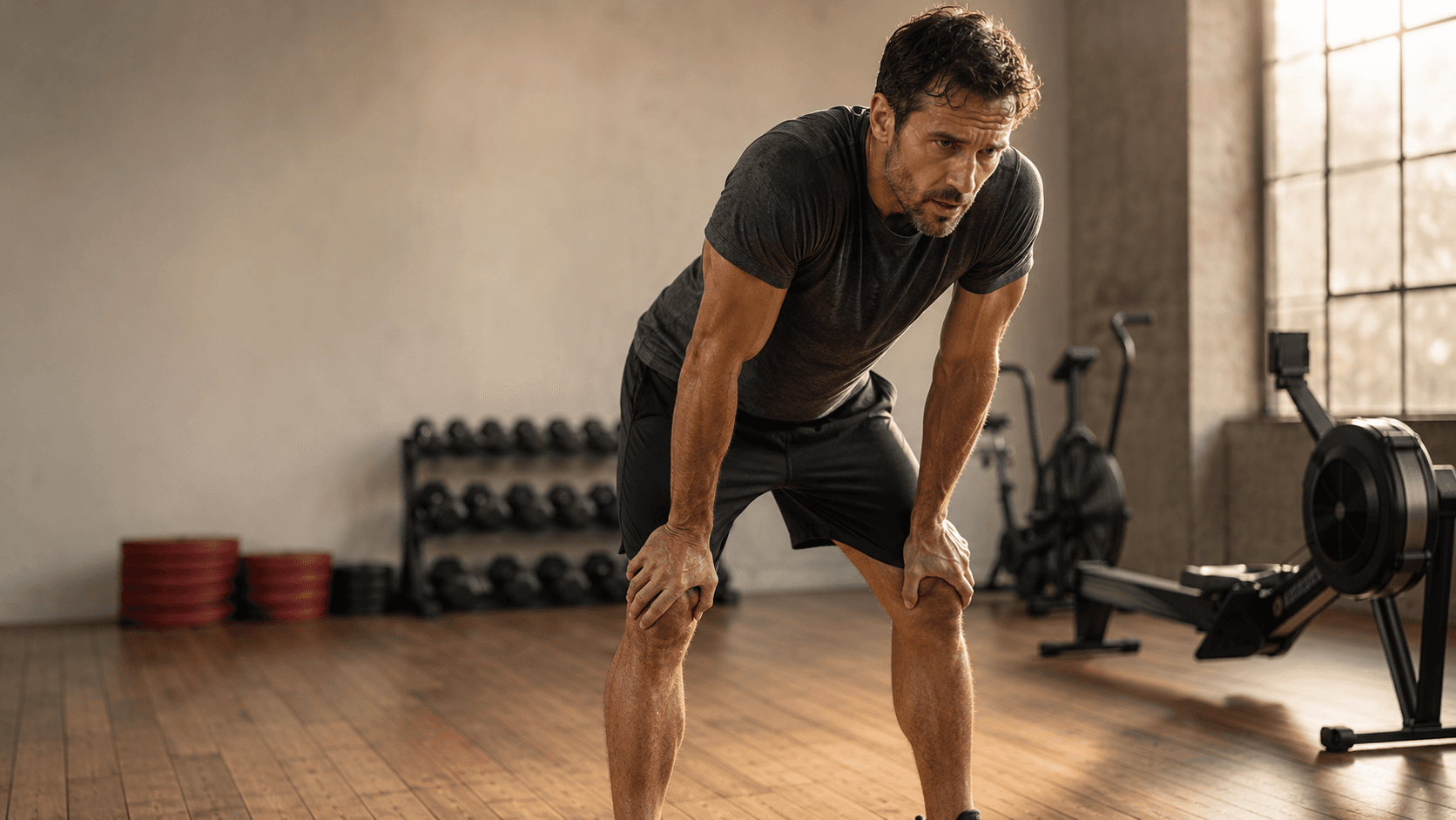 A man leaning forward with his hands on his knees in a gym, catching his breath next to a rower and dumbbell rack after a hard session — the kind of effort the article unpacks when comparing HIIT and steady state cardio for fat loss