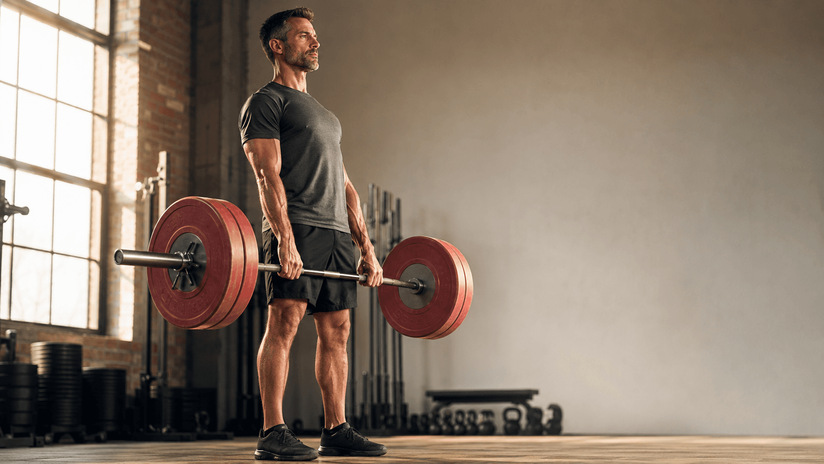 A man standing tall in a gym holding a loaded barbell at his hips, weight plates loaded on each side — illustrating the resistance training foundation that anchors the weekly fat loss programme outlined in the schedule above