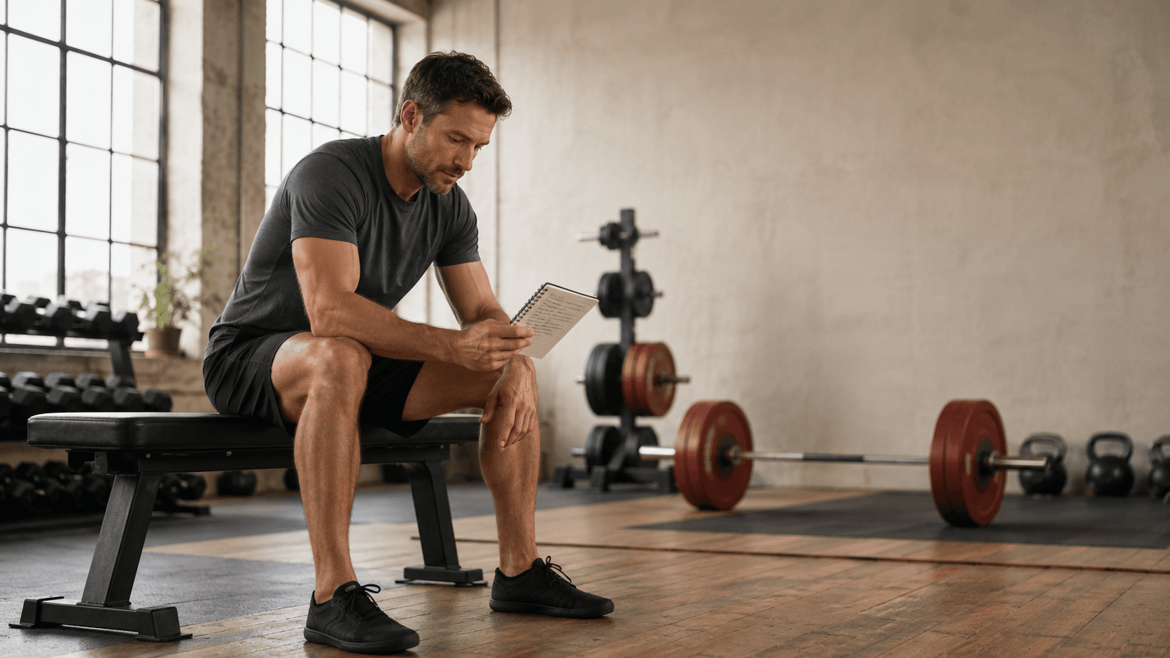 A man sitting on a gym bench reading something on a tablet, weight rack and dumbbells behind him — the picture of someone trying to sift through conflicting cardio advice and work out what to actually do for their own goals