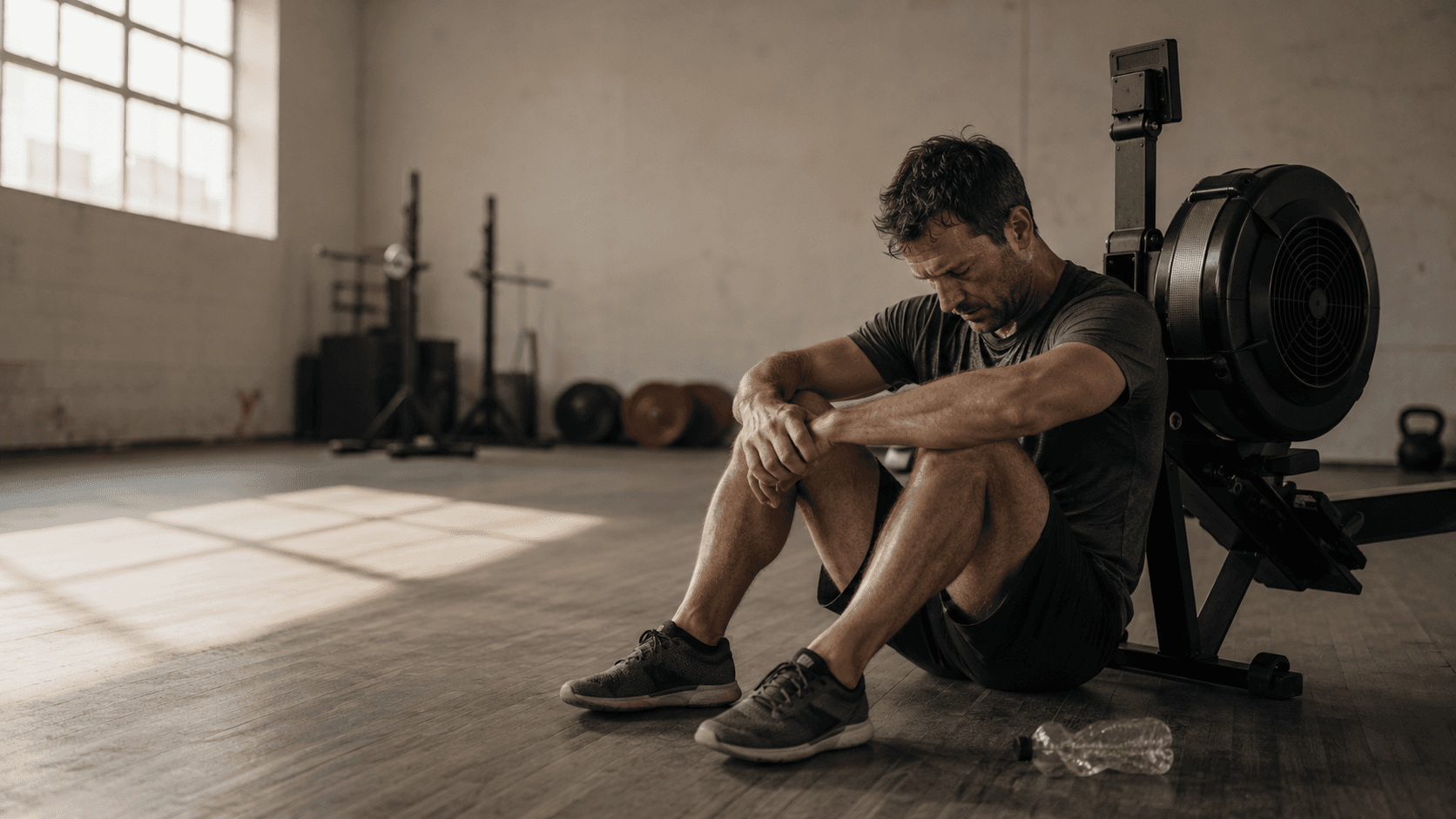 An exhausted man sitting on the floor of a gym slumped against a rower with a water bottle beside him, head bowed — capturing the toll of the overtraining spiral described in the flow diagram above, where five to seven cardio sessions per week drive cortisol up, appetite up, muscle down and results into reverse