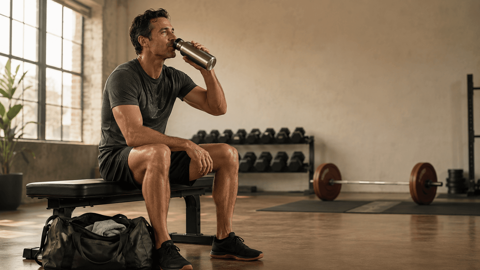 A man sitting on a gym bench drinking from a protein shaker with a kit bag beside him and a barbell and dumbbell rack behind him — capturing the point of the next section: nutrition still matters more than cardio for the results most people are chasing