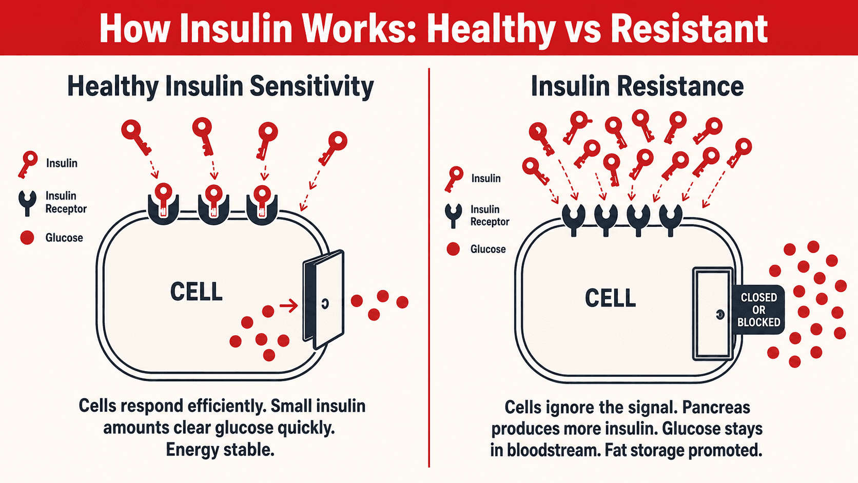 A side-by-side diagram comparing how insulin works in healthy insulin sensitivity versus insulin resistance: cells responding efficiently and clearing glucose quickly on the left, versus cells ignoring the insulin signal with the pancreas producing more insulin, glucose accumulating in the bloodstream, and fat storage being promoted on the right