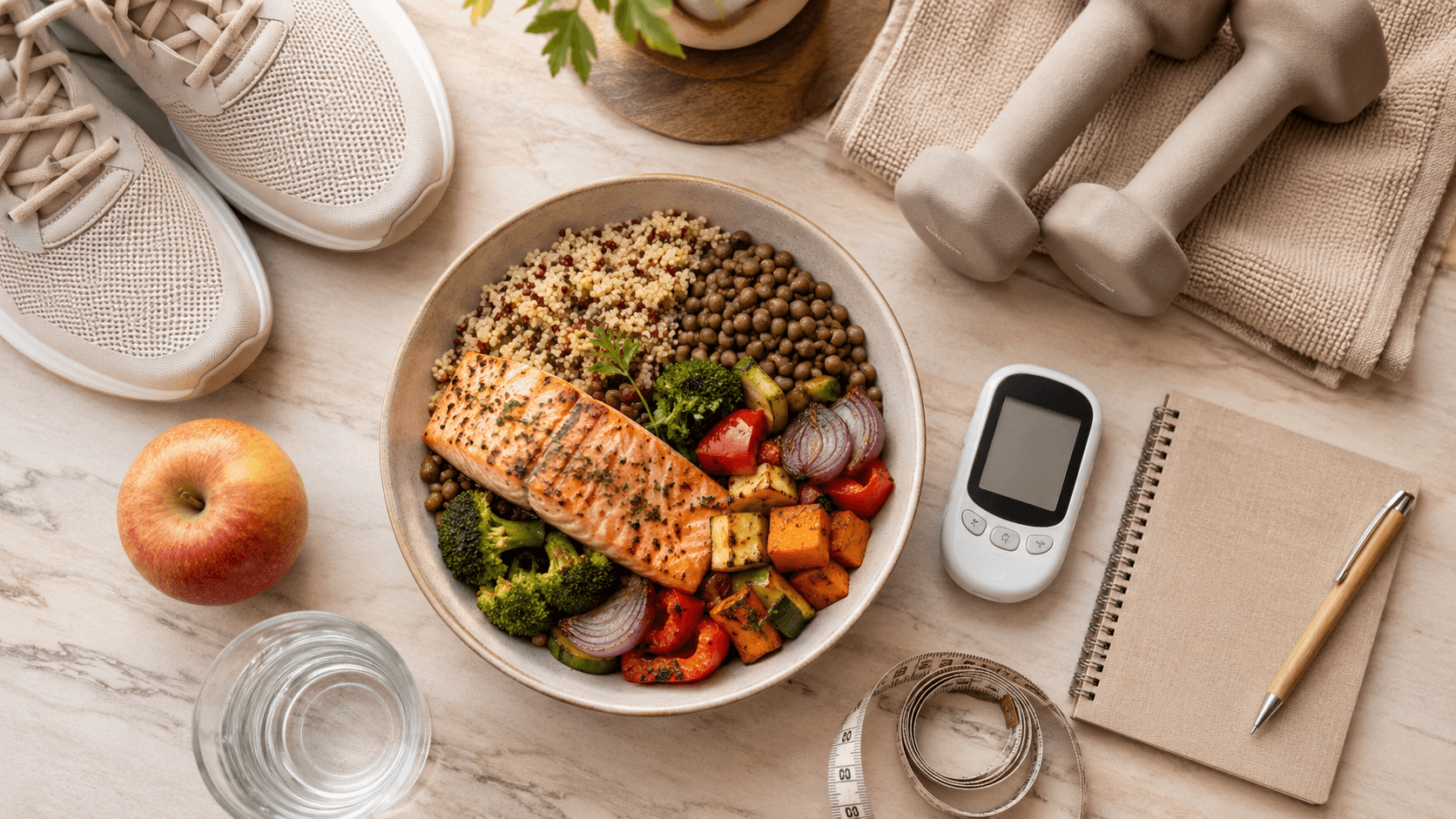 An overhead view of an insulin sensitivity friendly bowl with grilled salmon, lentils, quinoa, and roasted vegetables, surrounded by trainers, dumbbells, a glucose meter, a tape measure, an apple, and a glass of water