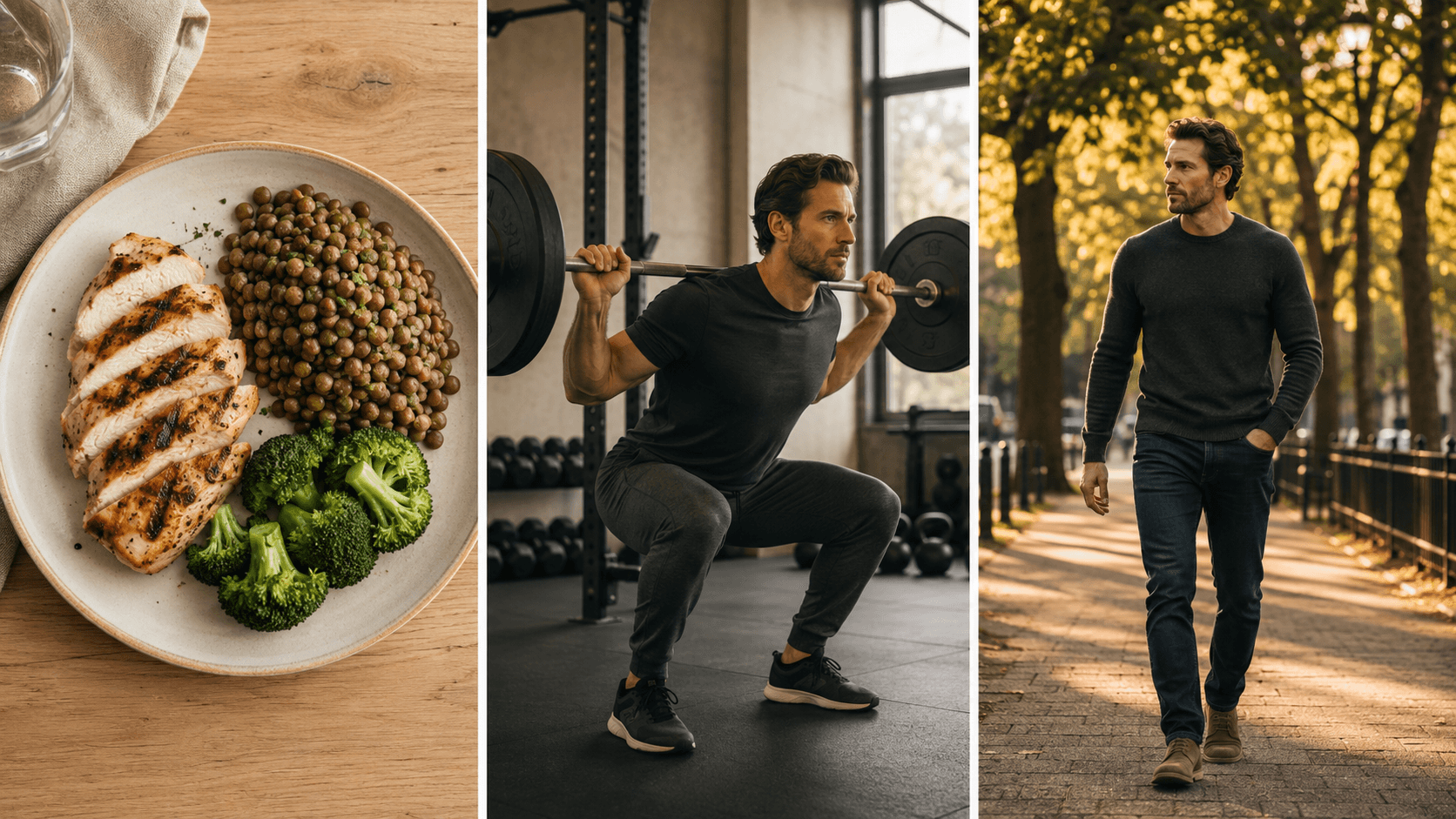 A three-panel image showing the pillars of reversing insulin resistance: a plate of grilled chicken, lentils, and broccoli for protein and fibre, a man performing a barbell back squat for resistance training, and a man walking outdoors after a meal