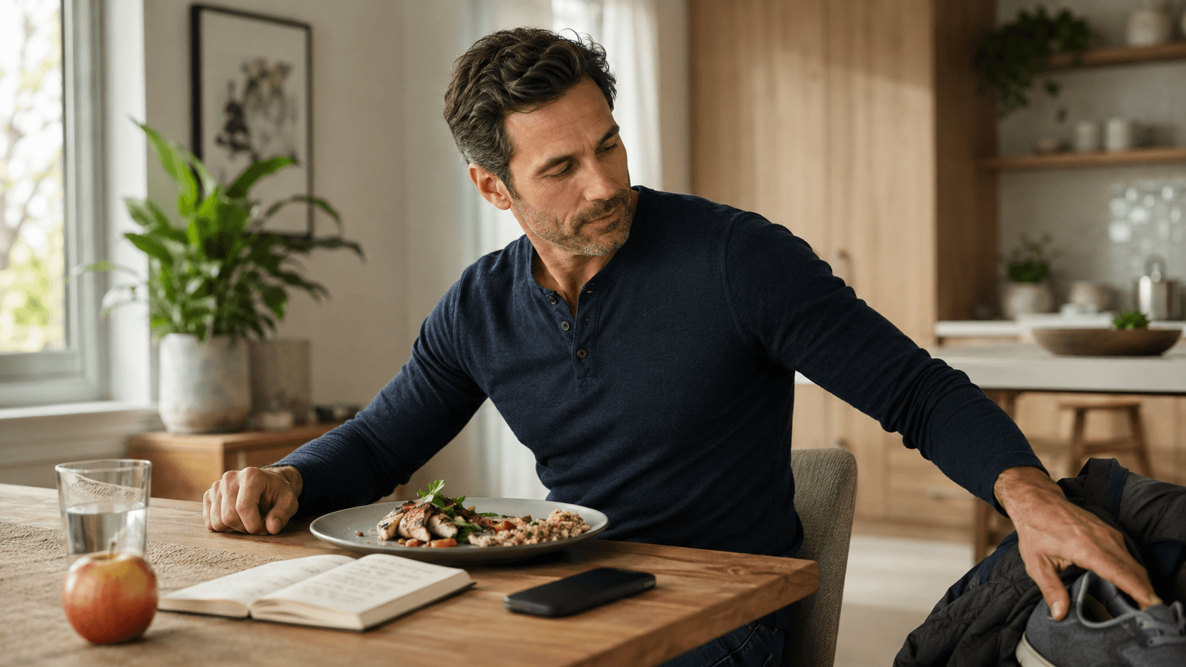 A man finishing a balanced plate at his kitchen table reaching for his jacket to head out for a post-meal walk, with a notebook, an apple, and a phone beside him