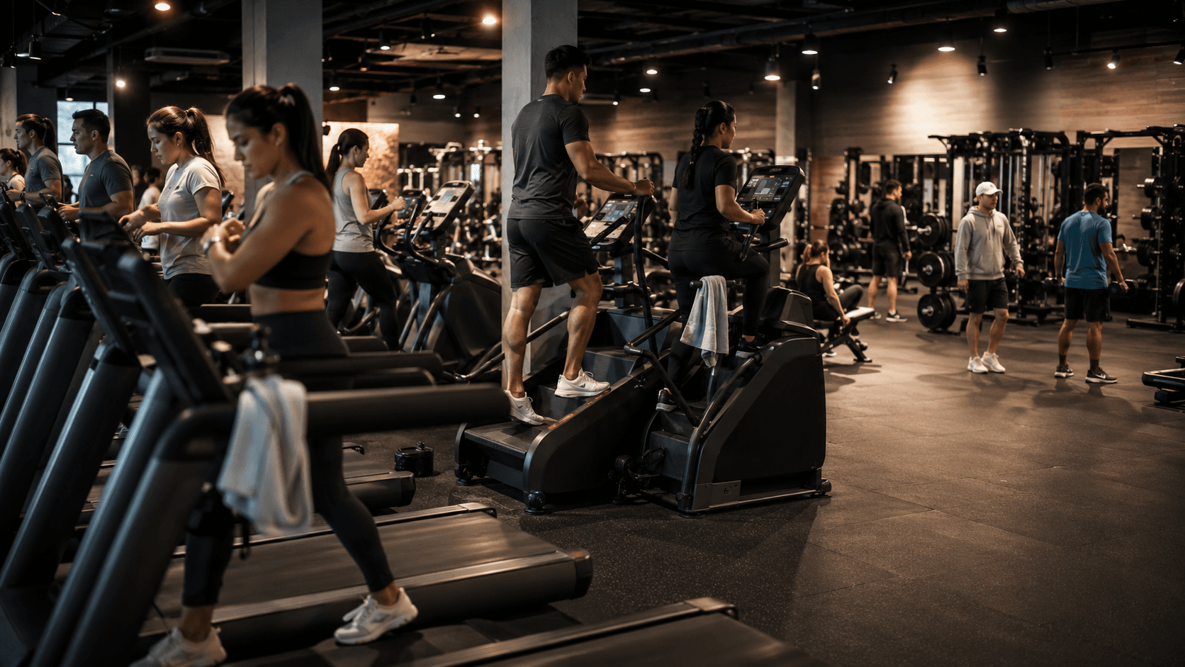 A busy gym in January crowded with people on treadmills and machines, conveying the New Year rush energy