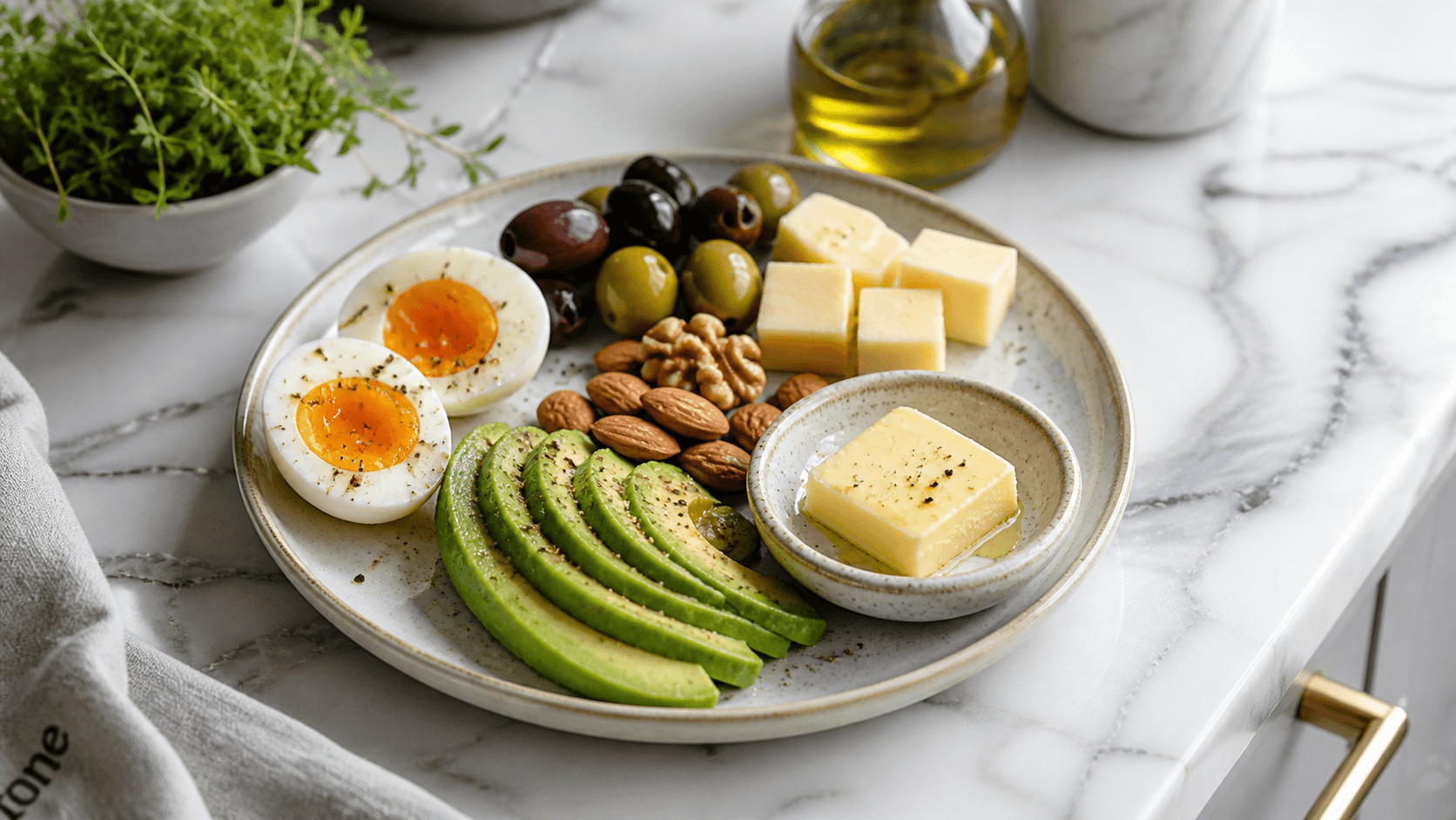 Keto-friendly plate with eggs, avocado, bacon and healthy fats arranged on a dark surface