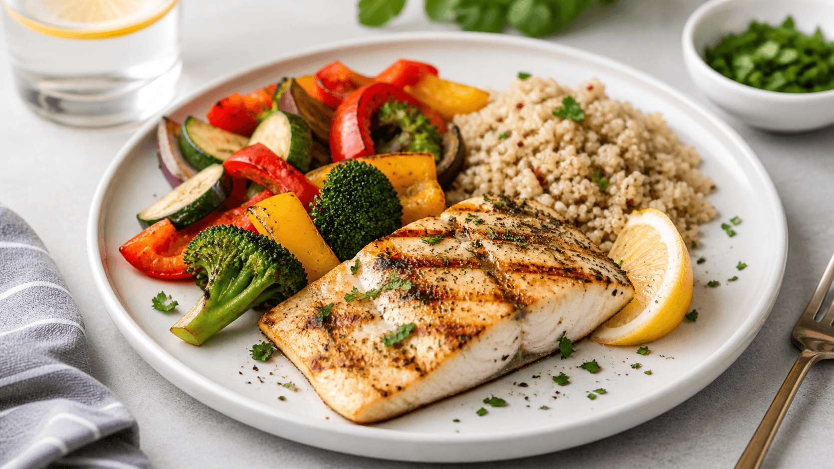 Balanced plate with grilled fish and colourful vegetables representing the dietary variety that research shows matches keto for fat loss