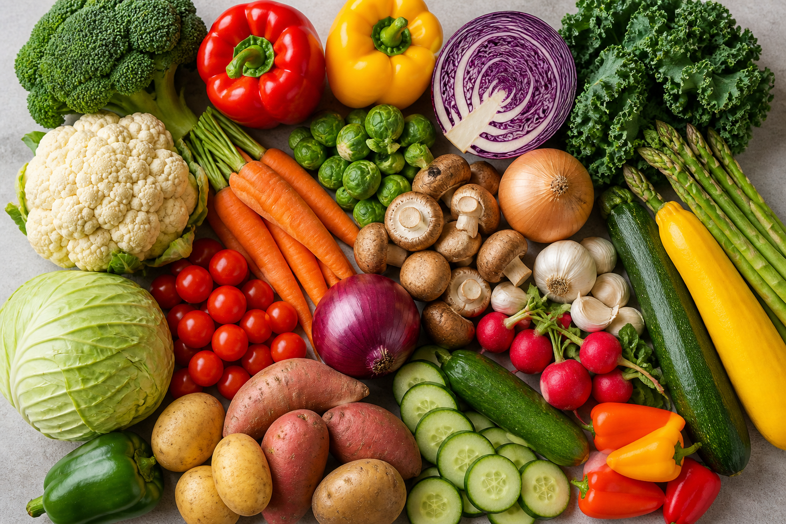 Colourful variety of fresh vegetables and fruits that are heavily restricted on a ketogenic diet