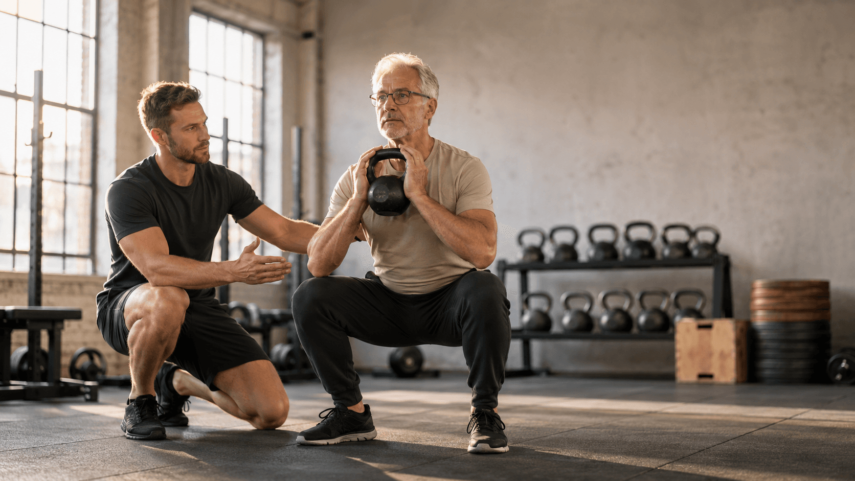 A young male coach guiding a silver-haired older client through a kettlebell goblet squat in a bright industrial gym, illustrating the value of investing in a few sessions with a qualified coach to learn proper squat, hinge, press and pull technique from the beginning