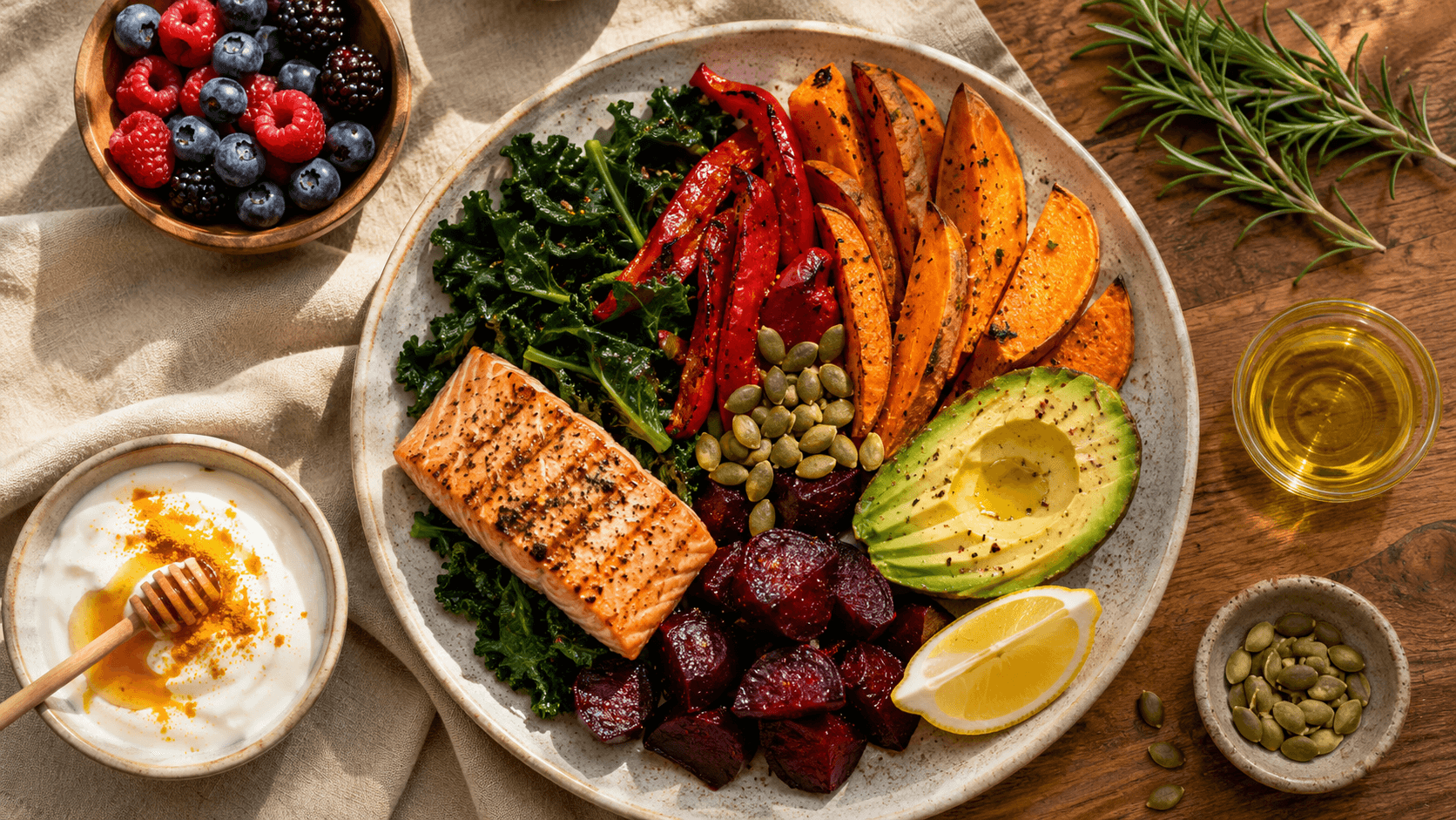 A nutrient-dense plate built around grilled salmon with kale, roasted sweet potato, peppers, beetroot, avocado and pumpkin seeds, alongside a bowl of mixed berries, Greek yoghurt with honey and a small dish of olive oil — the protein, omega-3s, antioxidants and colourful plant foods that support anti-ageing resistance training