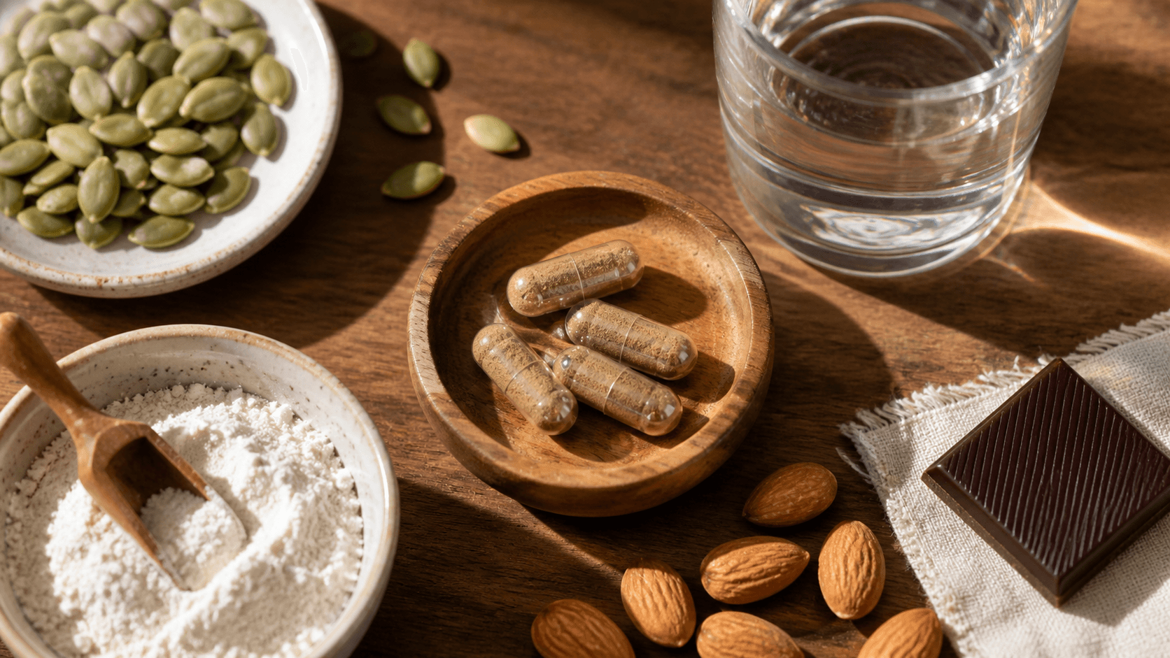 Magnesium supplement capsules and powder alongside magnesium-rich whole foods including pumpkin seeds and dark chocolate, illustrating how supplementation complements a quality diet