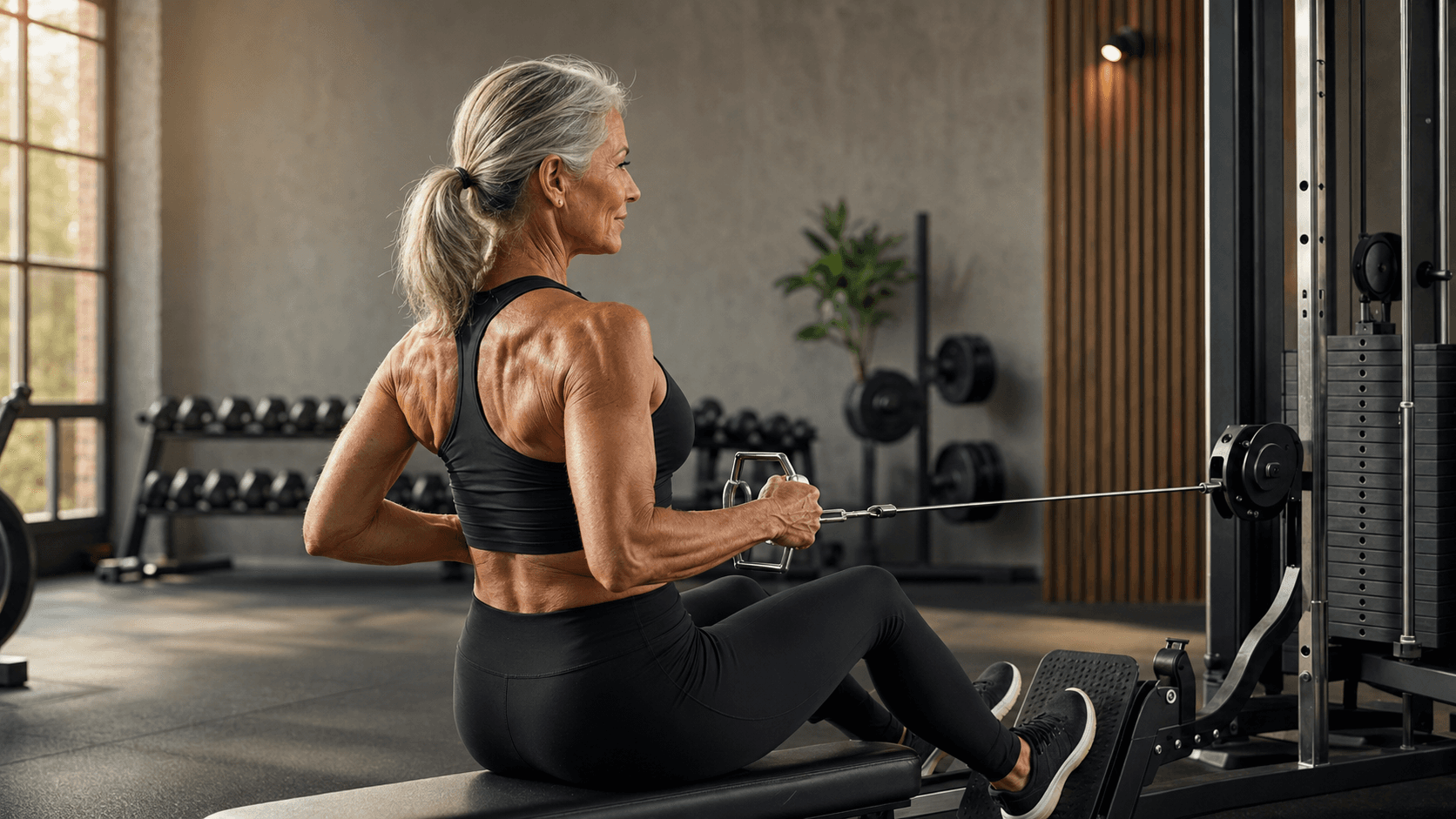 A strong, confident woman in her 50s or 60s training with weights in a sunlit gym, embodying the article's thesis that post-menopause is not a decline to be managed but a stage in which the right resistance training, nutrition, sleep and medical foundations can produce the best body composition of a woman's adult life
