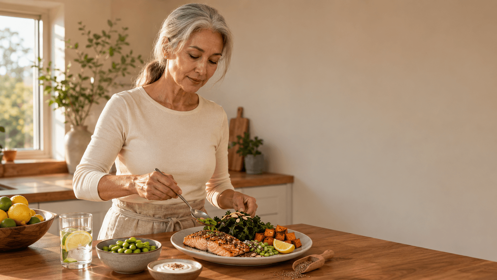 A post-menopausal-appropriate plate built around a substantial leucine-rich protein source such as tofu, tempeh or fish alongside calcium-rich greens, fortified plant milk, vitamin D and omega 3 sources, illustrating the article's nutritional priorities of higher protein (1.8 to 2.2g per kg), 1,000 to 1,200mg calcium, 1,000 to 2,000IU vitamin D, and food-first supplementation