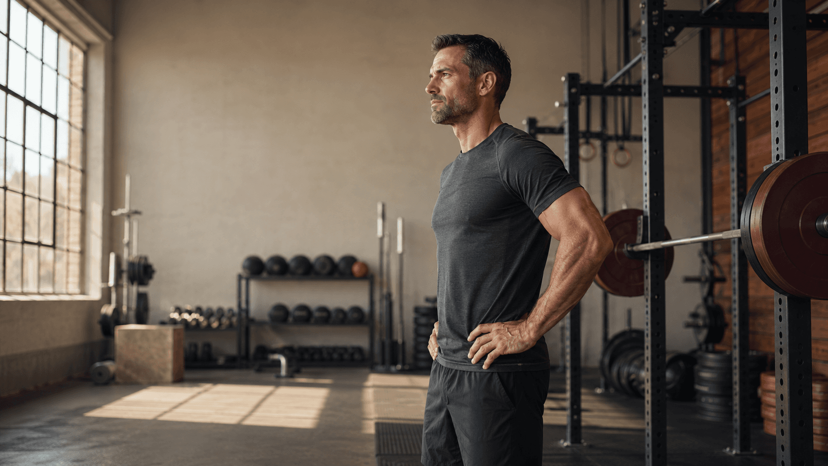 A lean, athletic man in his prime standing calmly with hands on hips in a sunlit industrial gym beside a loaded squat rack, embodying the disciplined, fundamentals-first approach to body composition, training, nutrition, sleep and stress that this men's health foundations article is built around