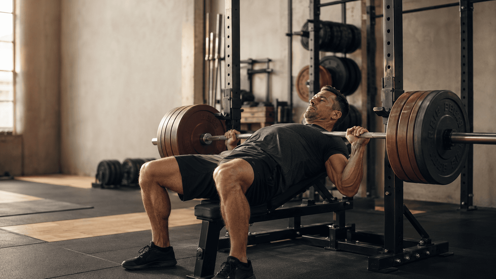 A man past 30 mid-rep on a heavily loaded barbell bench press inside a sunlit industrial gym, illustrating that three full-body sessions per week built around compound lifts — squat, hinge, press, pull — is the most powerful exercise tool any man has and cannot be replicated by cardio alone