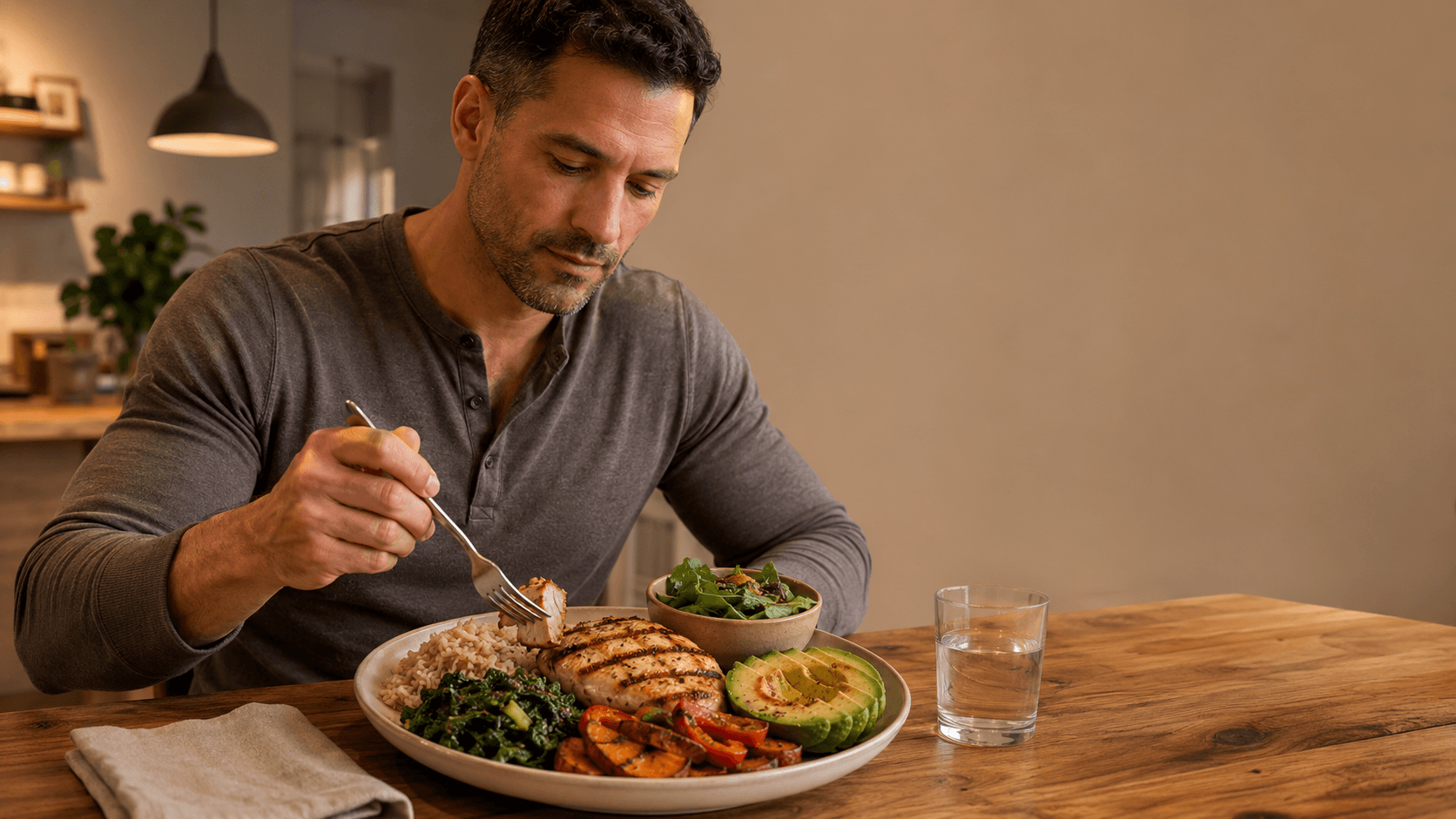 A man past 30 sitting at a warmly lit wooden table eating a home-cooked, whole-food meal — grilled chicken and prawns, sautéed greens, rice and avocado with a glass of water — the kind of palm-sized-protein, vegetable-led plate that replaces ultra-processed convenience food and drives real changes in body composition