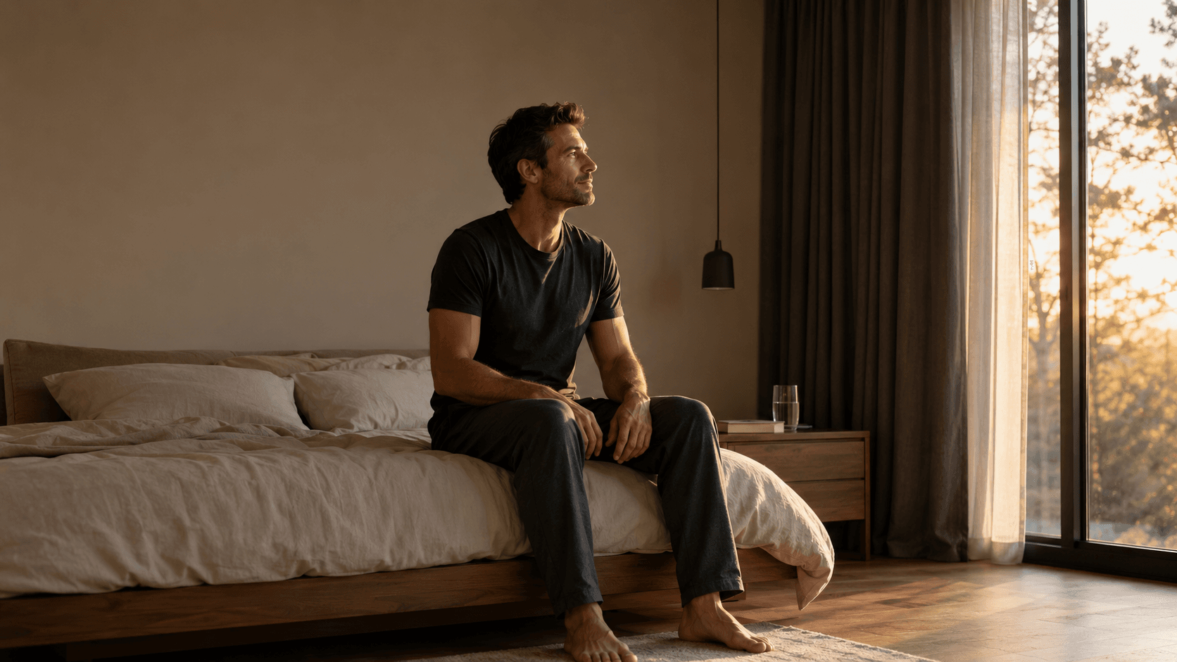 A man sitting calmly on the edge of a bed in a cool, dimly lit bedroom at dusk, no screens in sight, a glass of water on the bedside table — illustrating the consistent sleep schedule, cool dark room and pre-bed wind-down that protect testosterone, recovery and metabolic health for men over 30