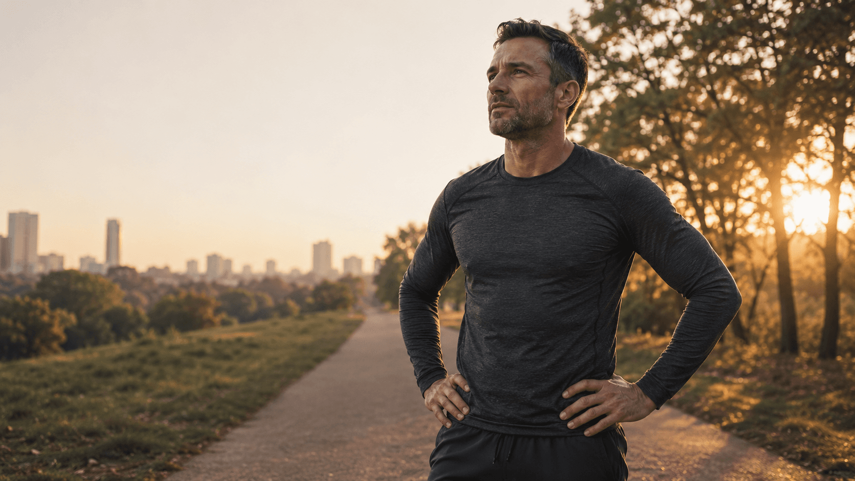 A man in sportswear standing on a park path at sunrise with a city skyline behind him, pausing during training — representing the link between physical training and male mental wellbeing