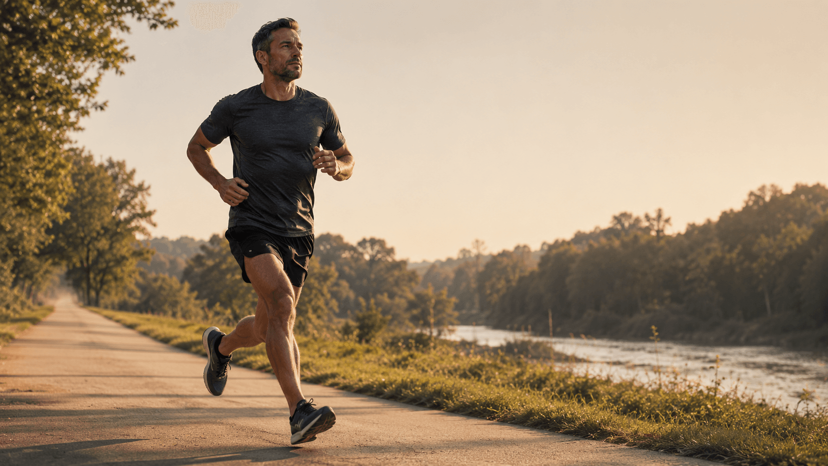 A man running outdoors alongside a river at sunrise, illustrating the aerobic exercise that drives the BDNF, serotonin, dopamine, endorphin and inflammation-lowering changes described in the brain mechanism table above