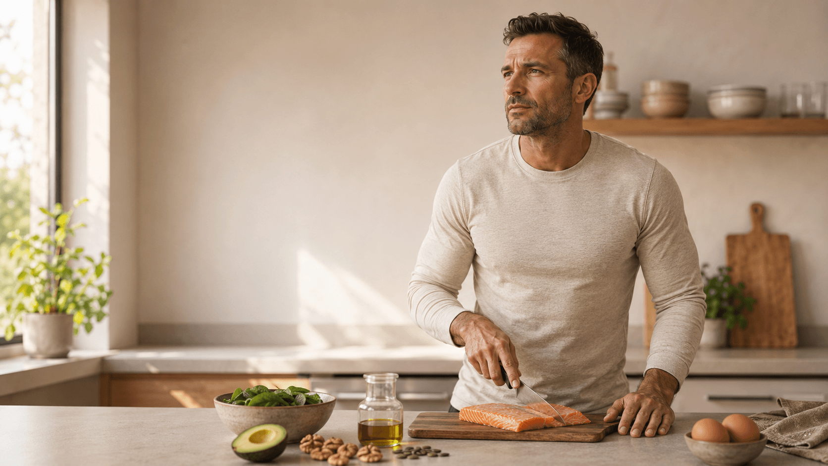 A man preparing a meal in a sunlit kitchen with salmon, avocado, eggs, chickpeas and olive oil on the counter — illustrating the brain-supportive whole foods and key nutrients covered in the nutrition table above